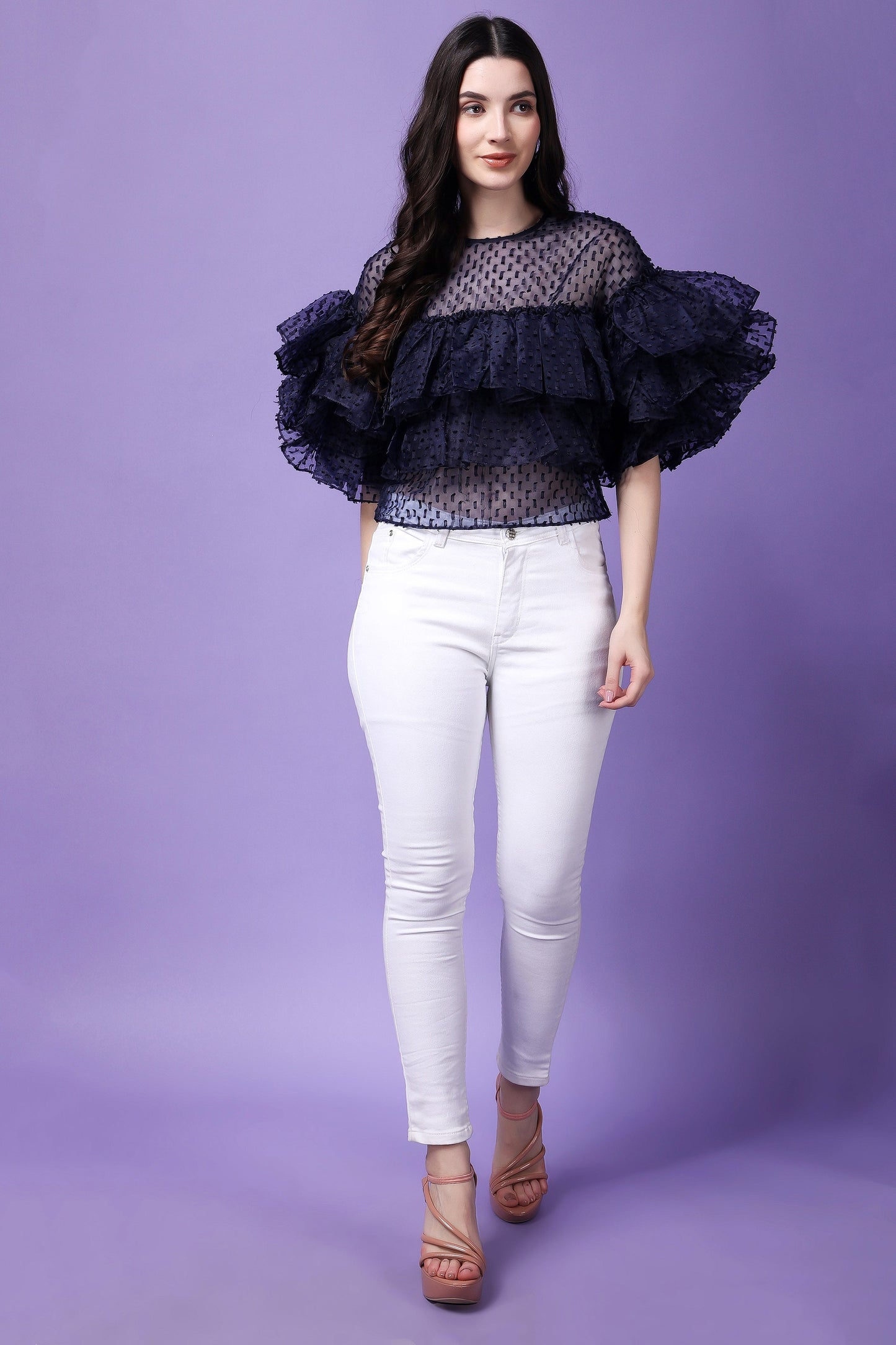 Navy Blue Organza Flying Bird Ruffled Top