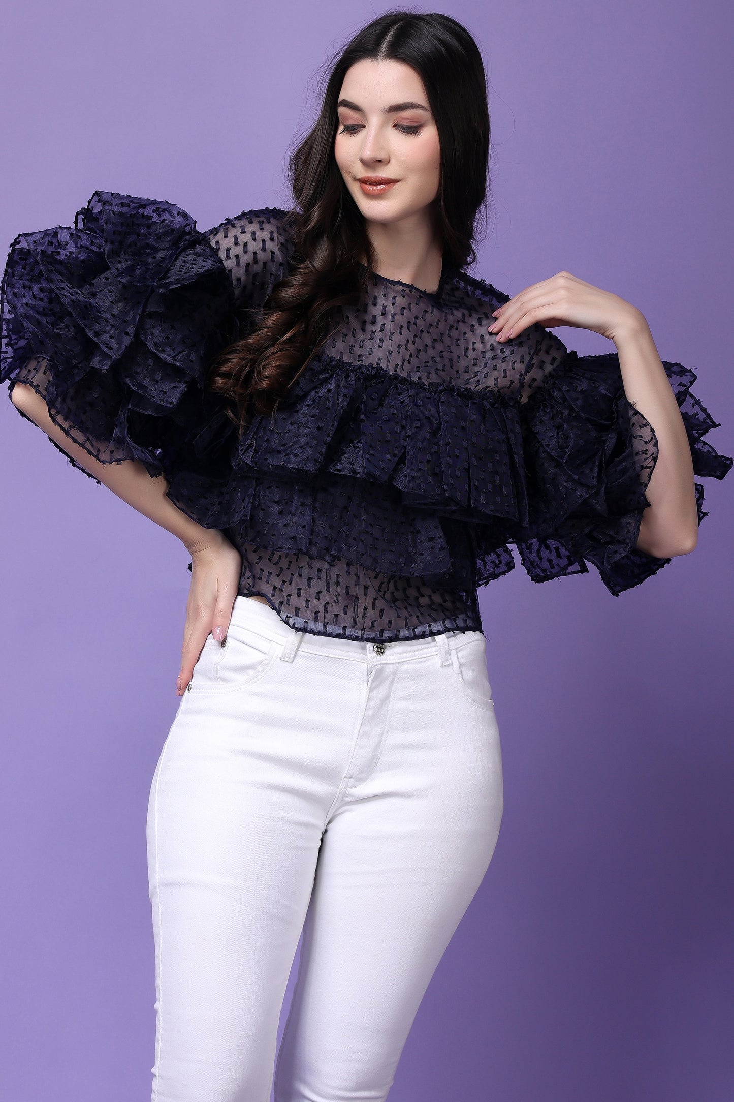 Navy Blue Organza Flying Bird Ruffled Top