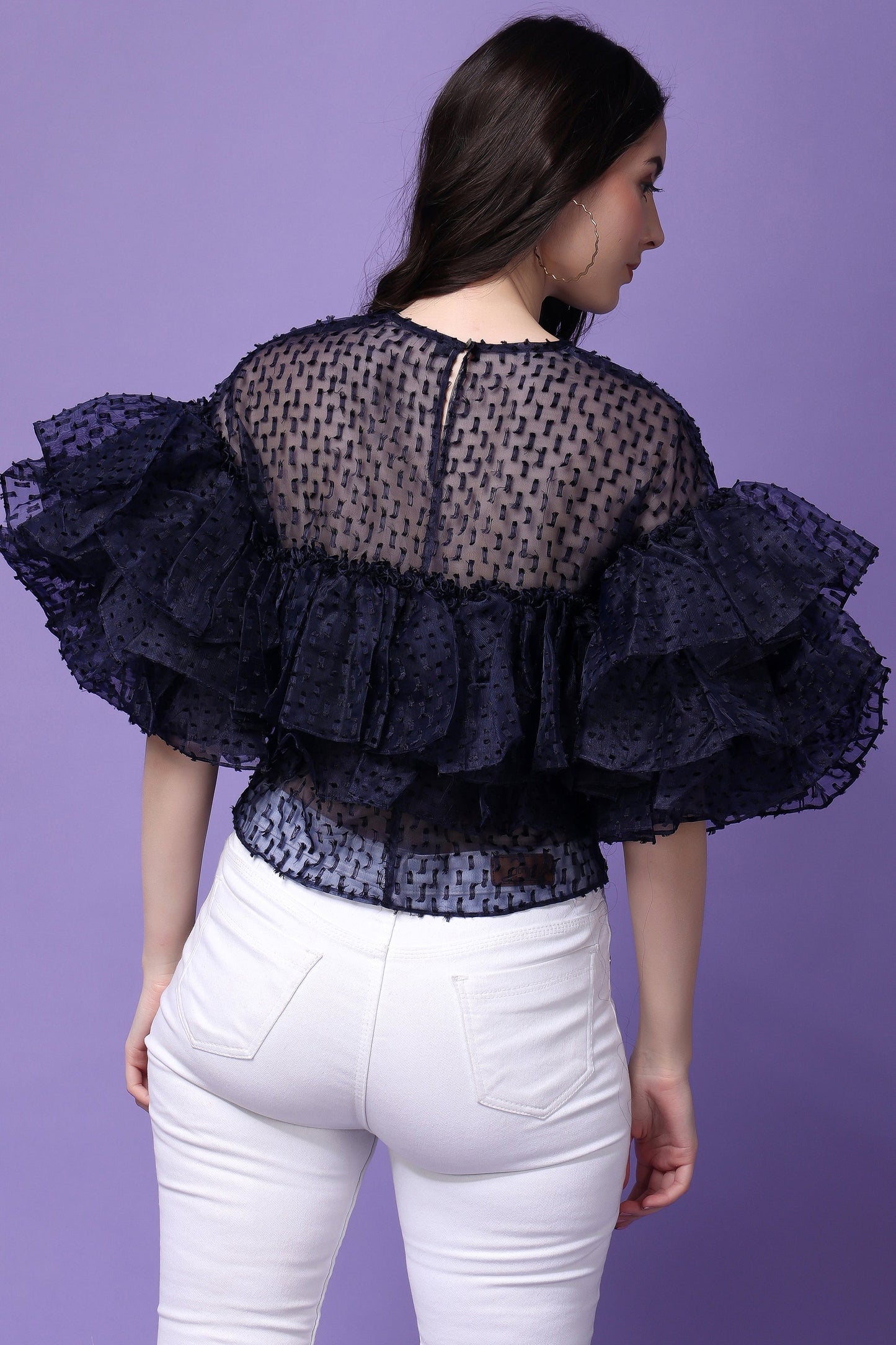 Navy Blue Organza Flying Bird Ruffled Top