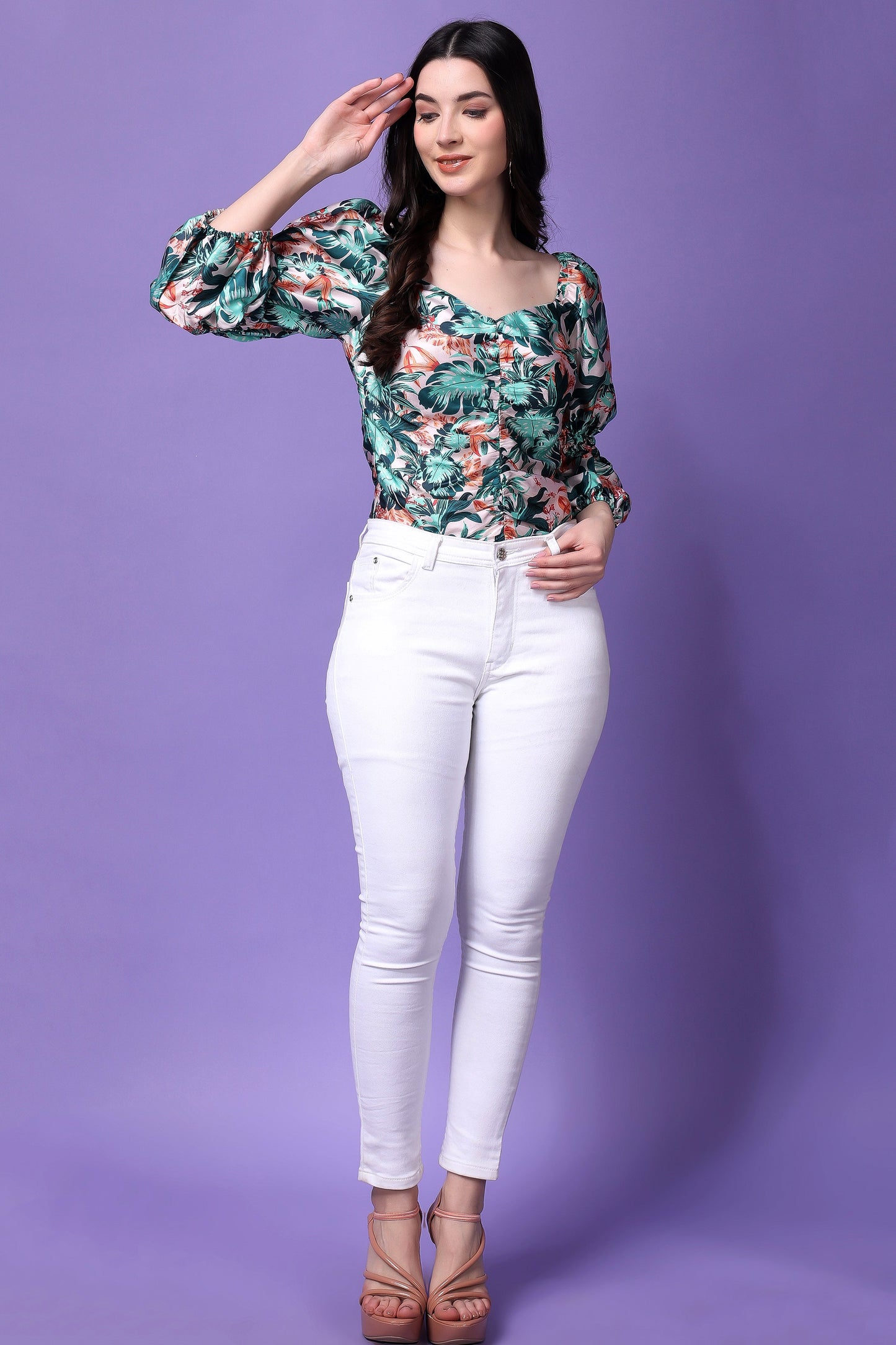 Tropical Print Ruched Detail Balloon Sleeved Satin Top