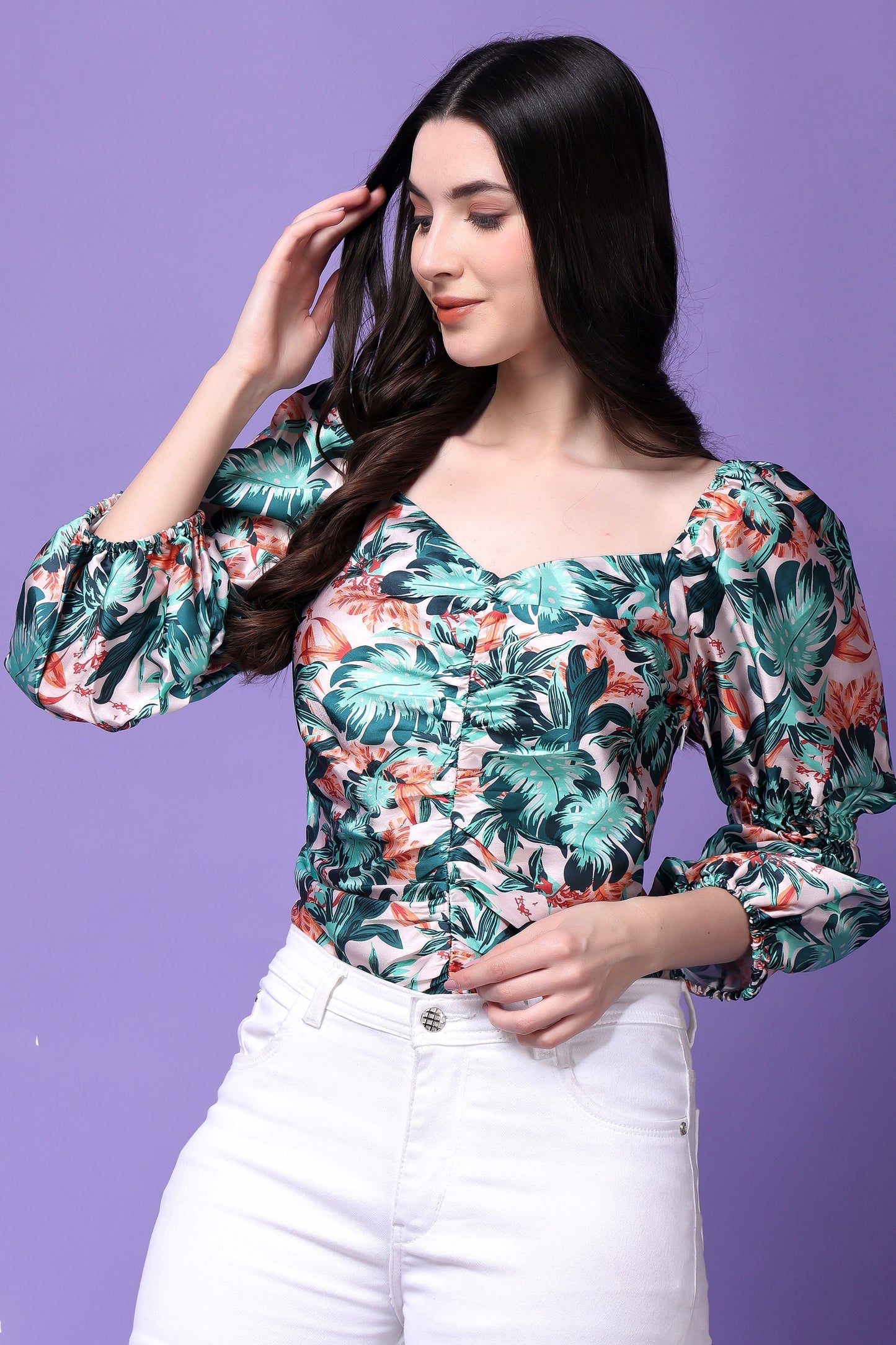 Tropical Print Ruched Detail Balloon Sleeved Satin Top