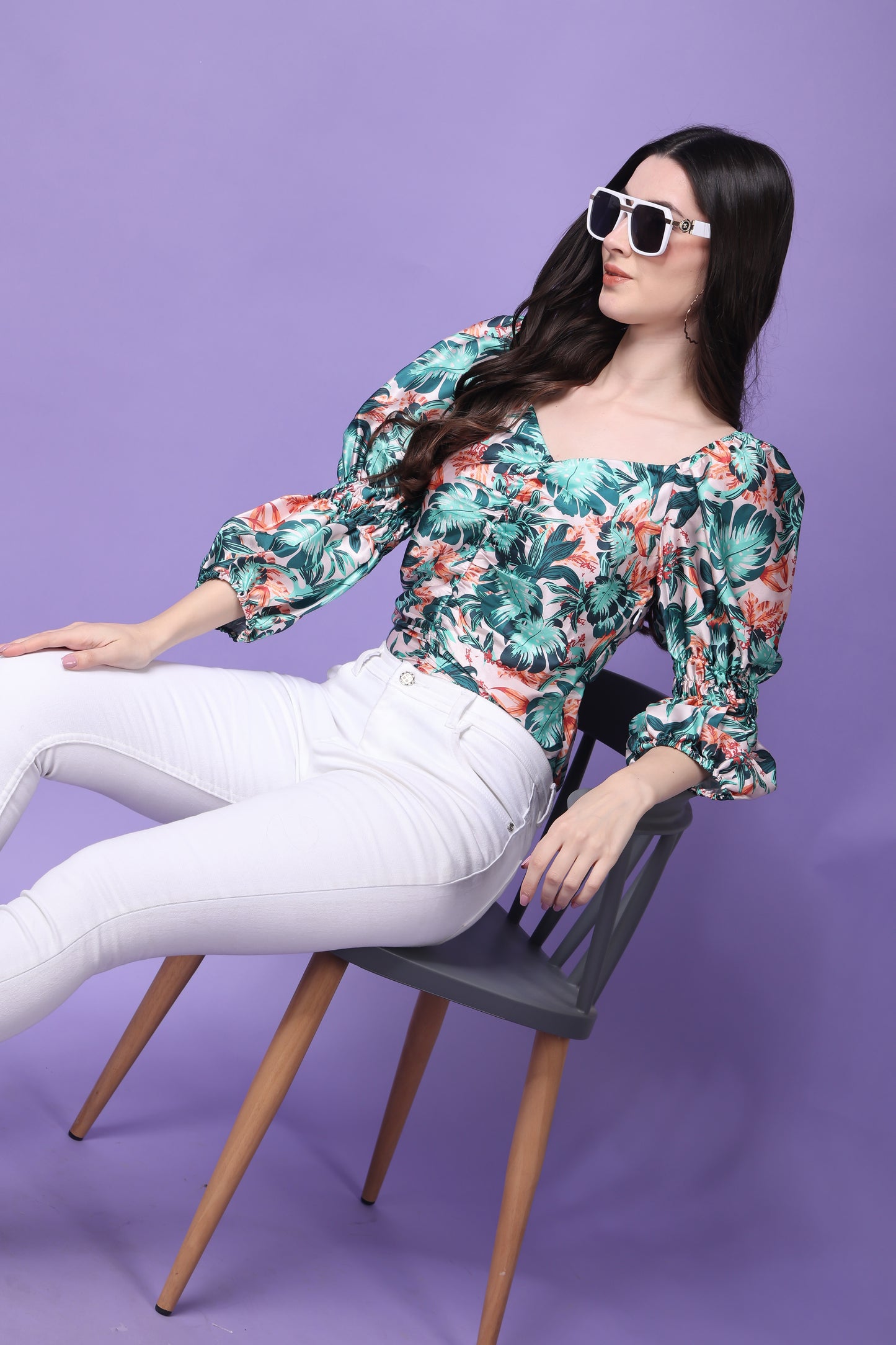 Tropical Print Ruched Detail Balloon Sleeved Satin Top