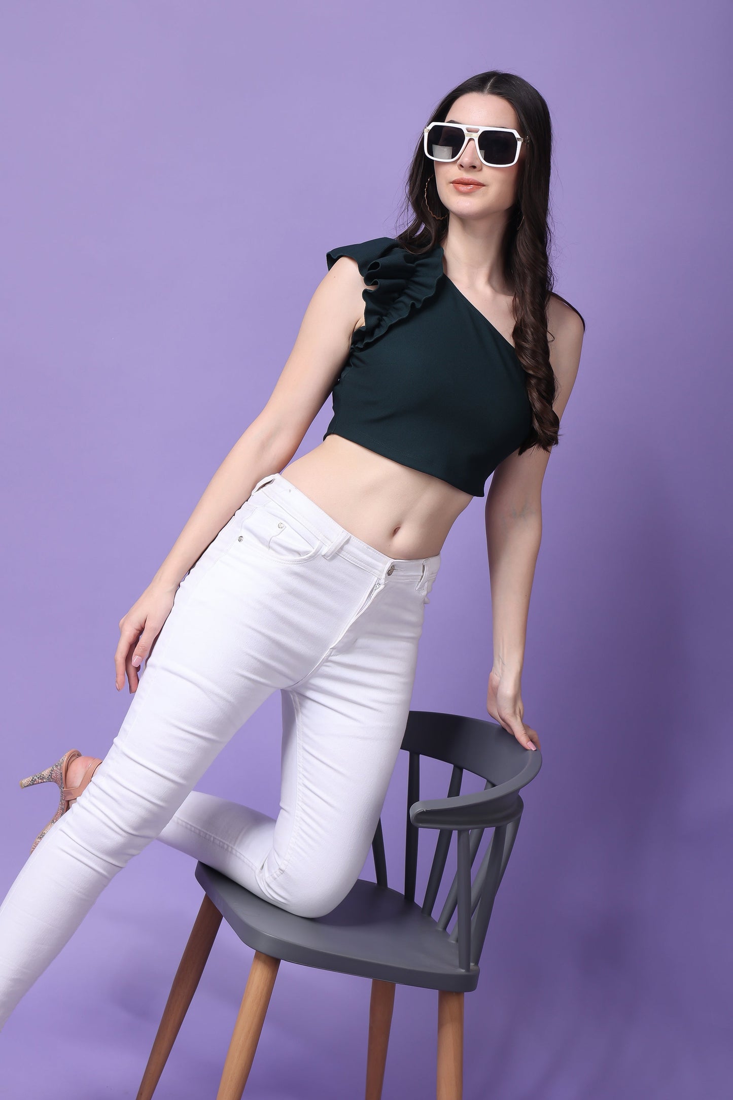 Cotton Twill Ruffled One Shoulder Top