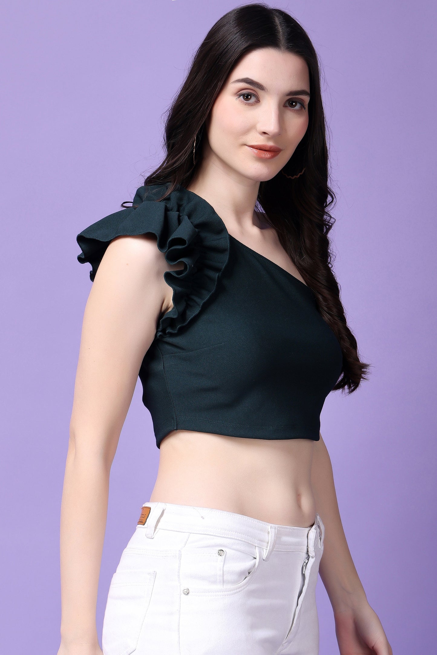 Cotton Twill Ruffled One Shoulder Top