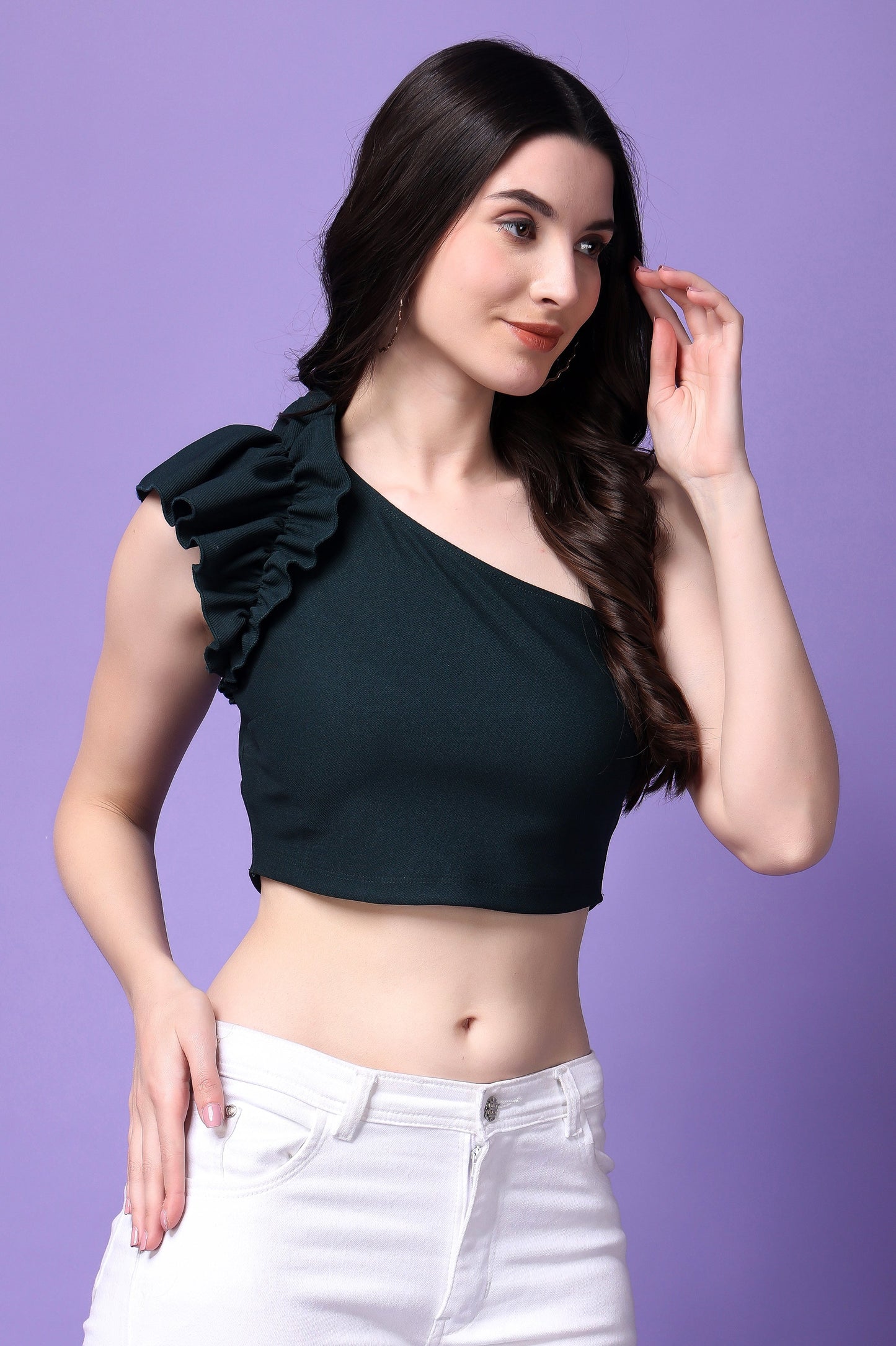 Cotton Twill Ruffled One Shoulder Top