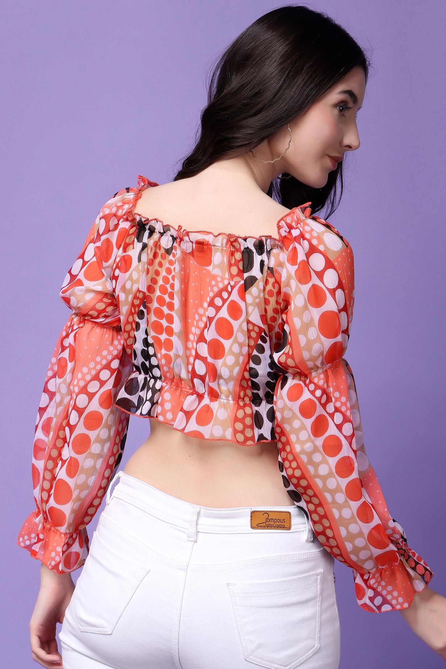 Multicolour geometric Print Balloon Sleeves Top