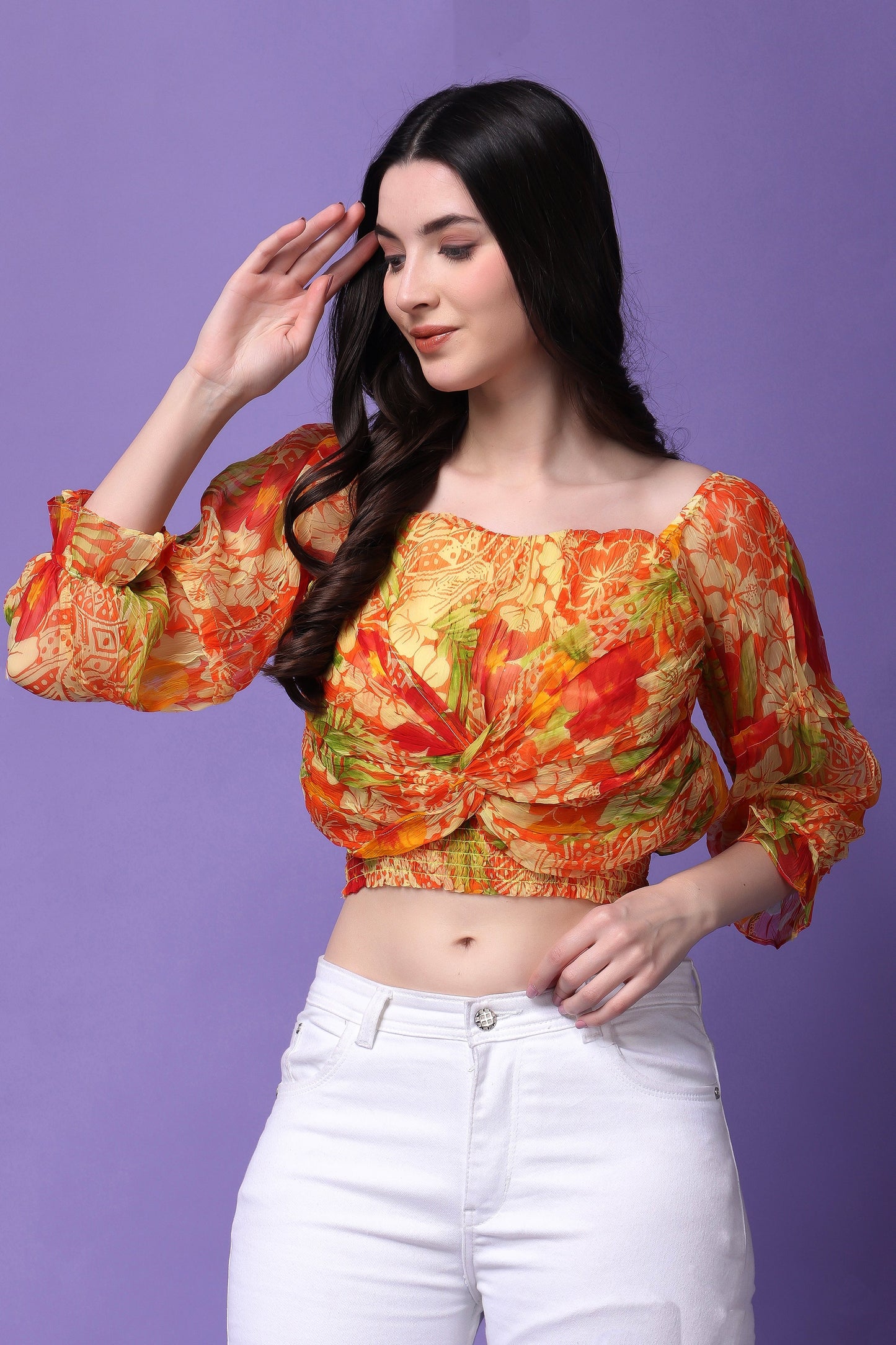 Multicolour Tropical Print Knotted Top