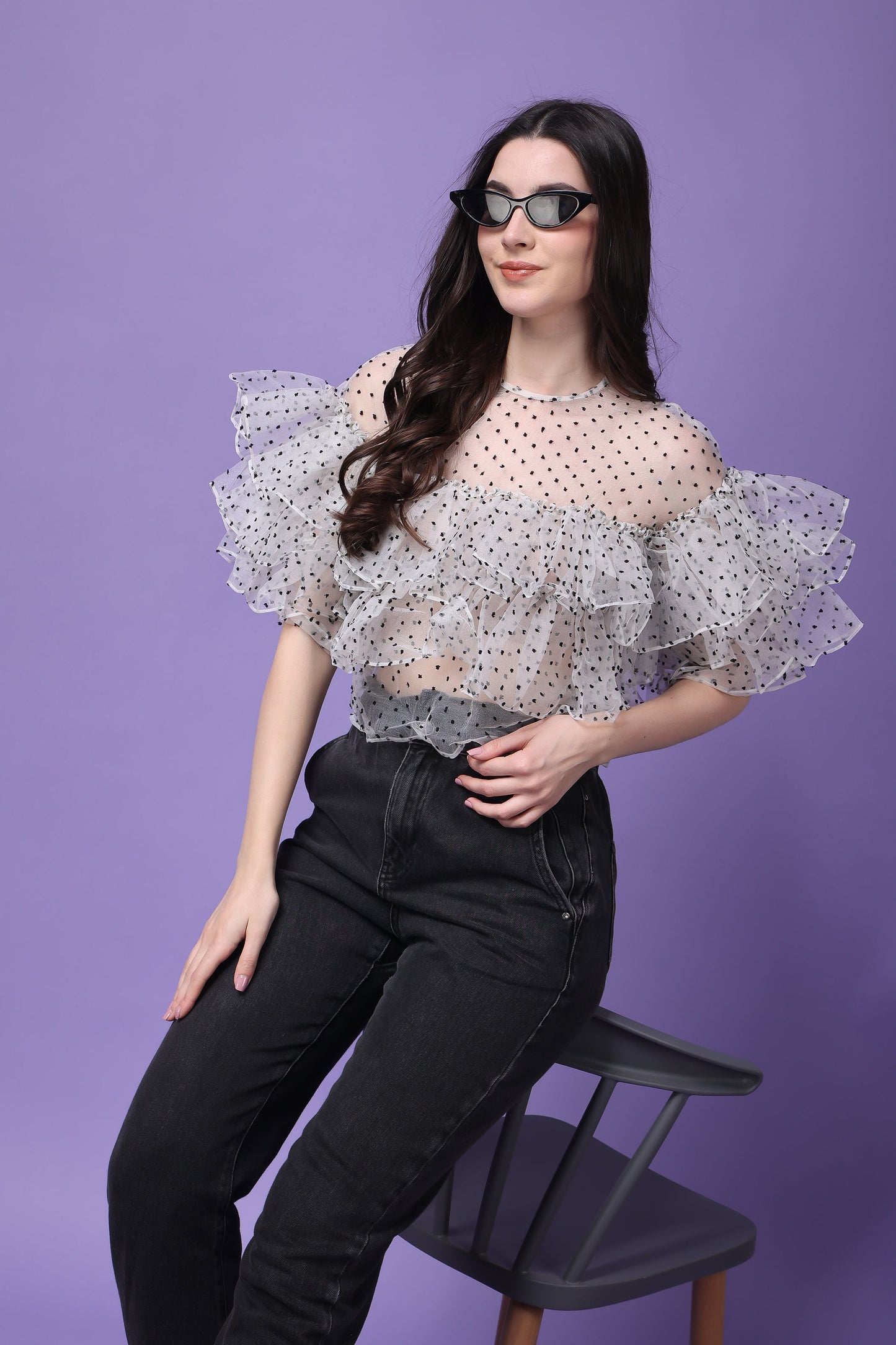 White Organza Flying Bird Ruffled Top