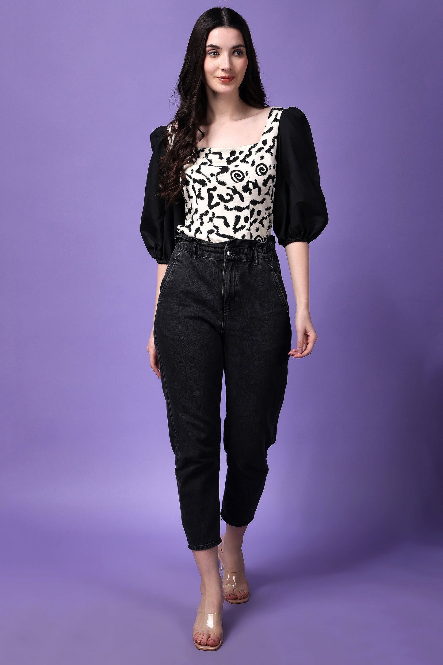 Black and White Abstract print Balloon Sleeves Top