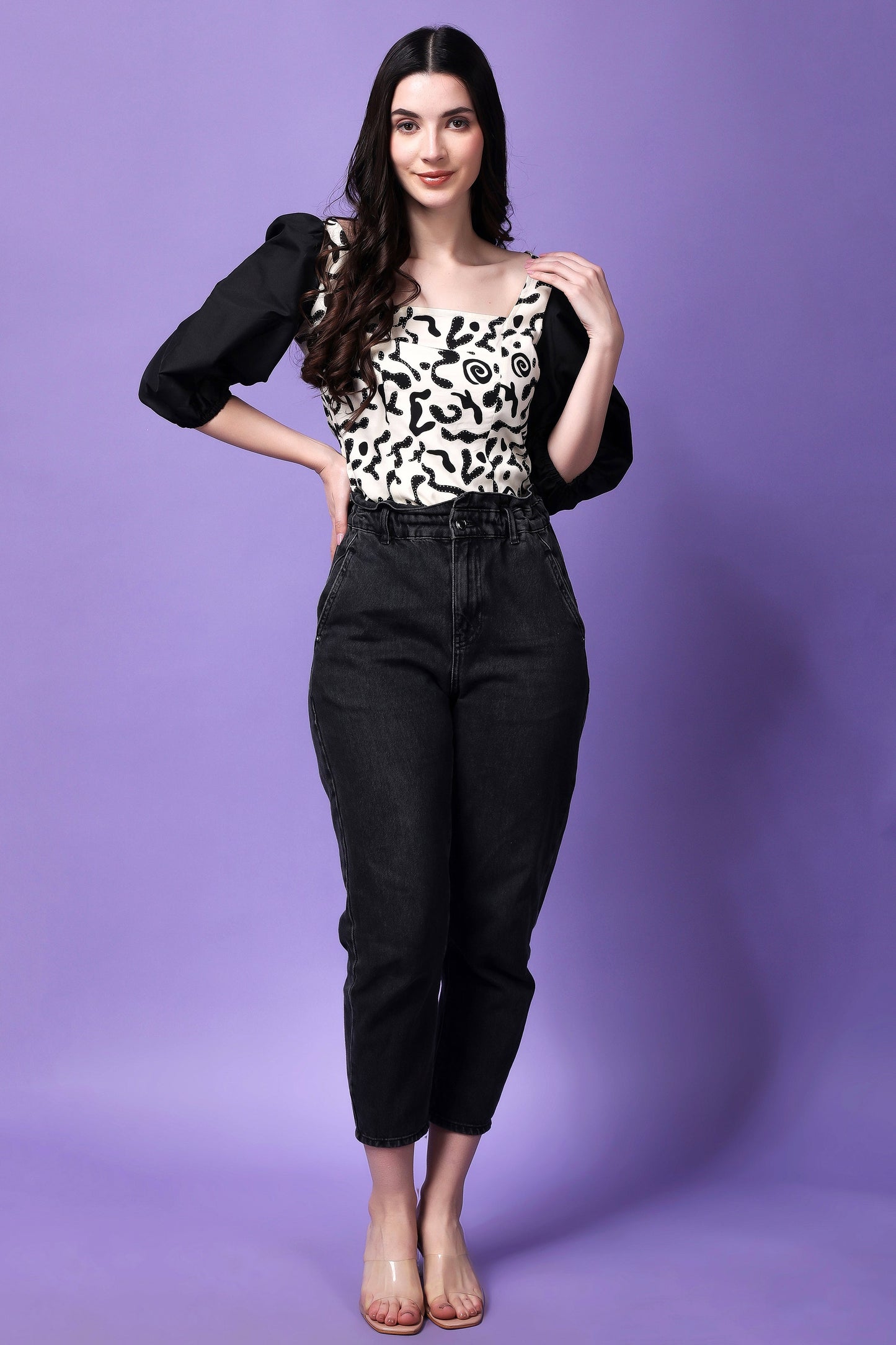 Black and White Abstract print Balloon Sleeves Top