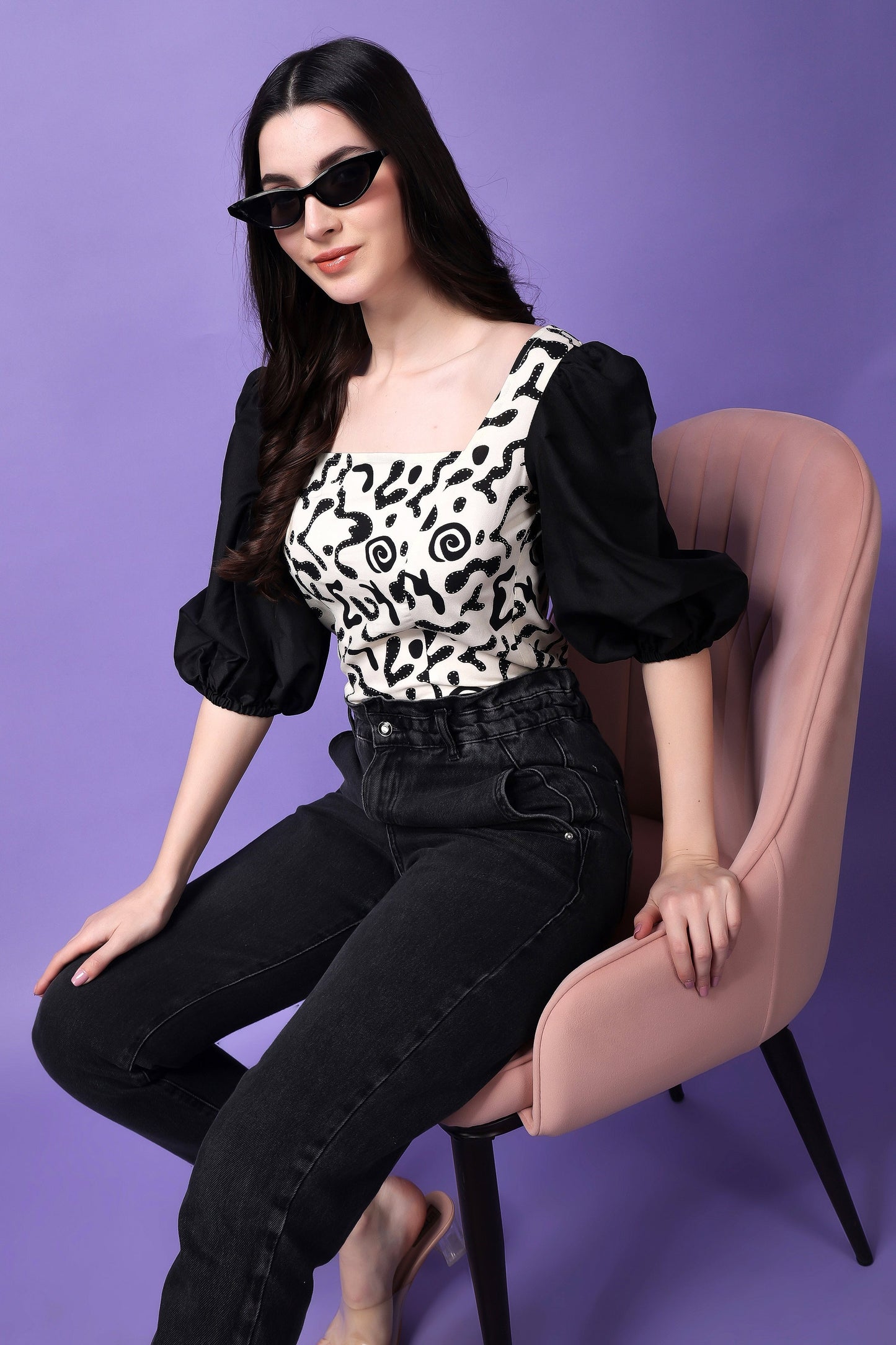 Black and White Abstract print Balloon Sleeves Top