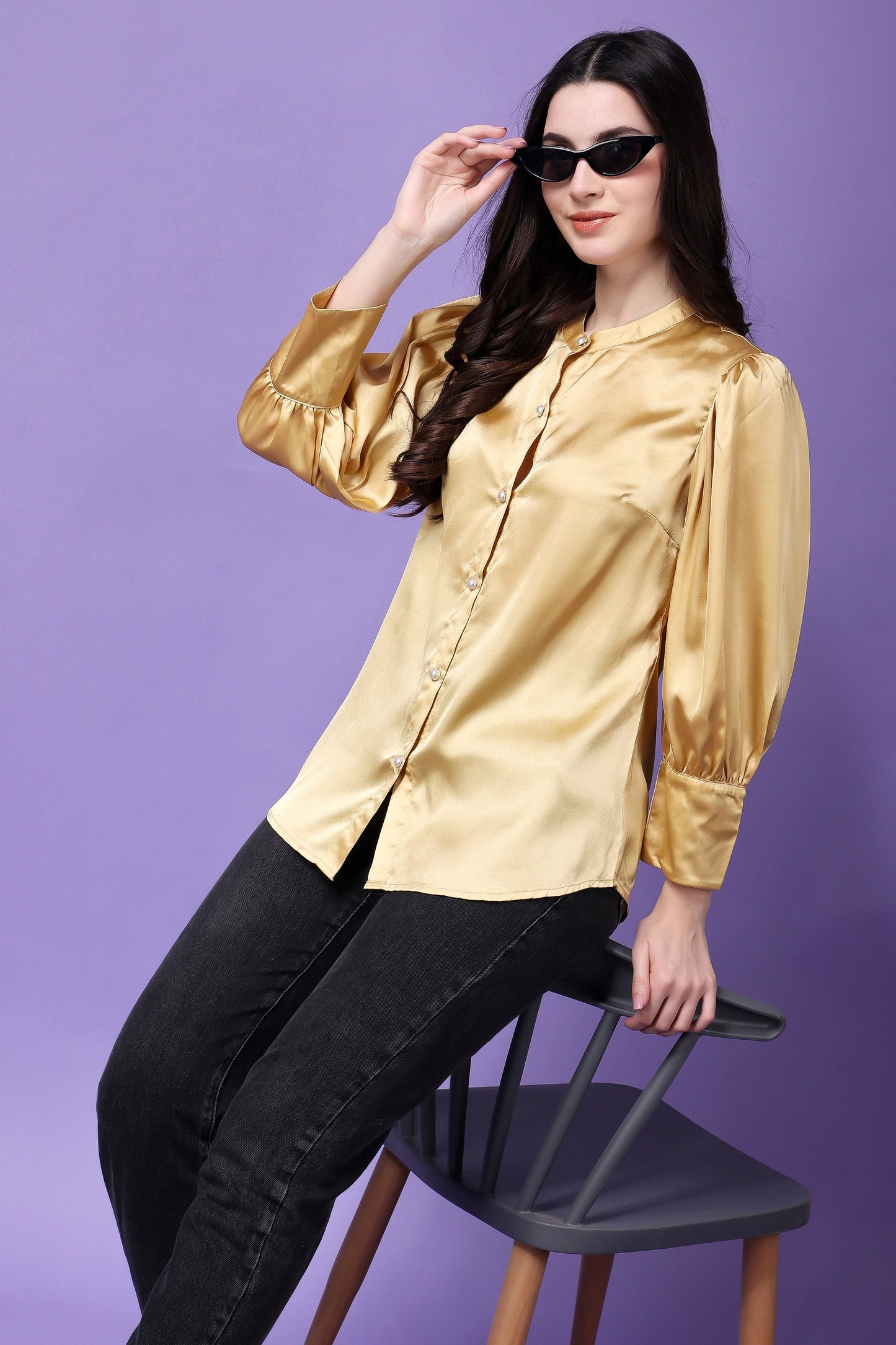 Golden Satin Symphony Pleated Sleeves Shirt