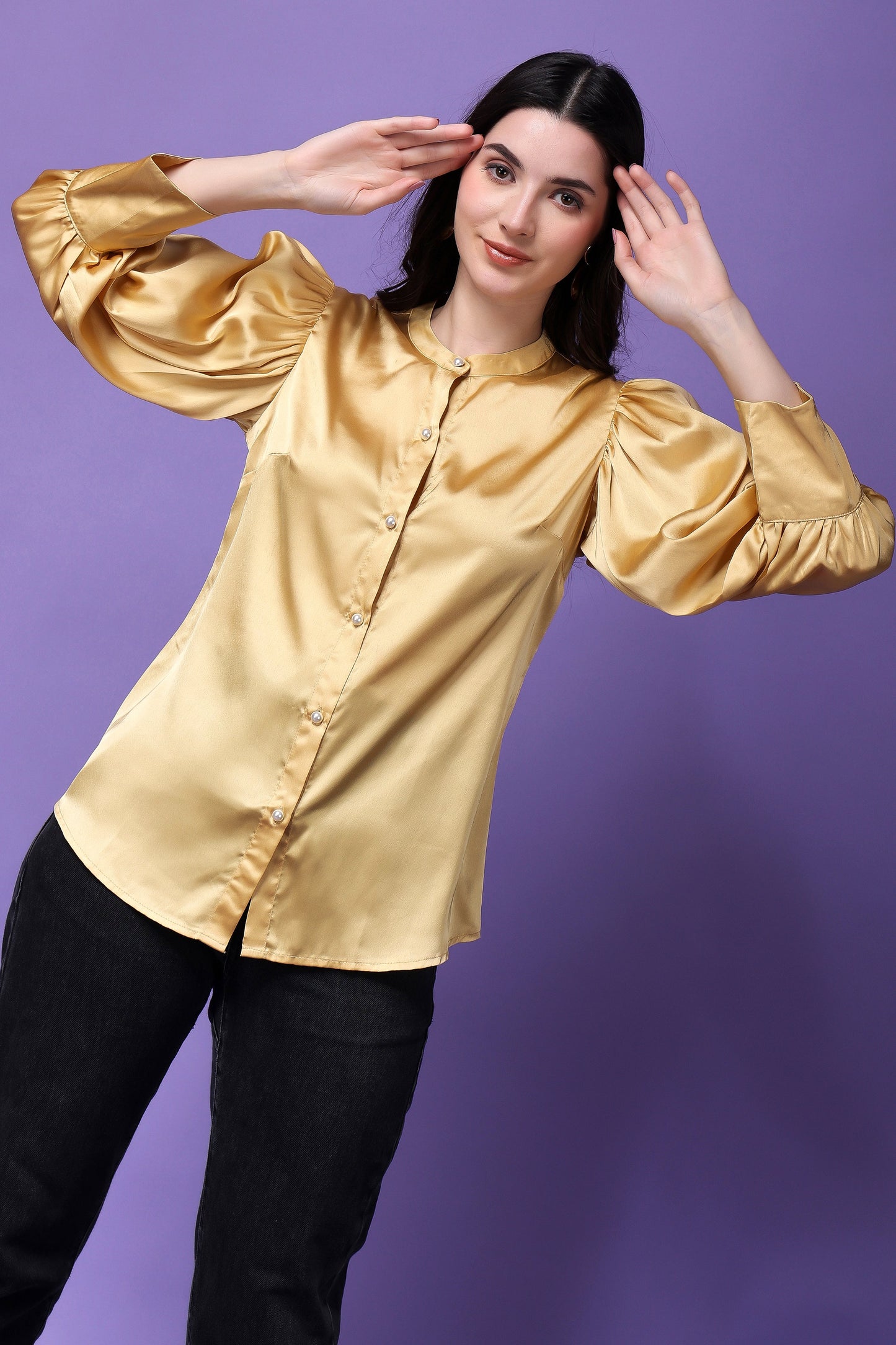 Golden Satin Symphony Pleated Sleeves Shirt