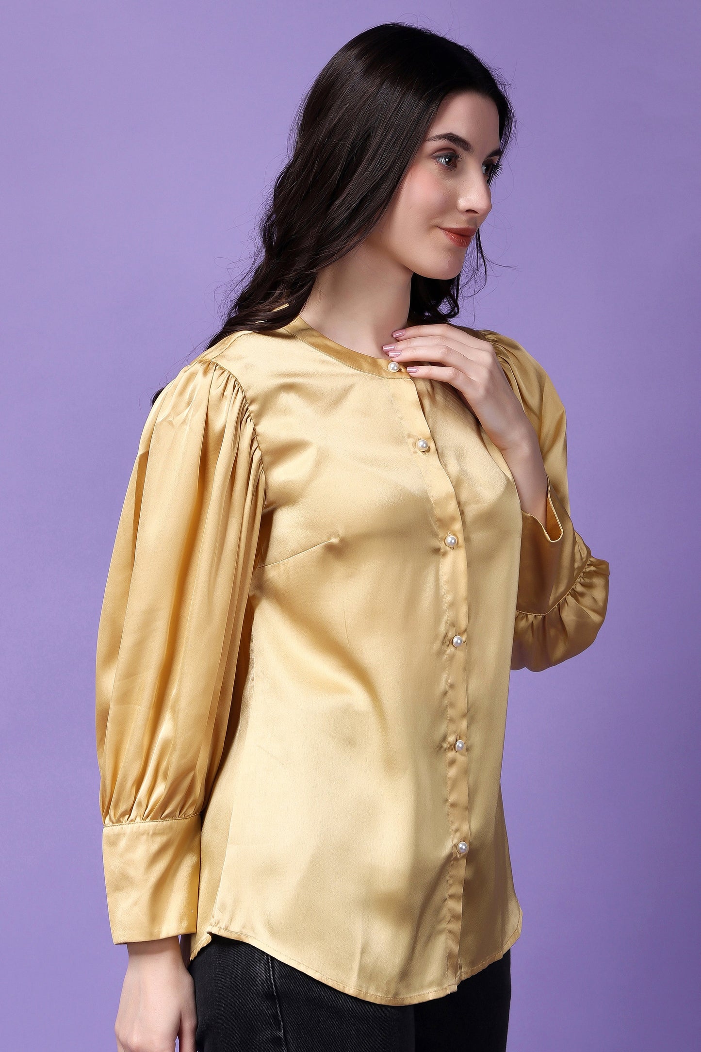 Golden Satin Symphony Pleated Sleeves Shirt