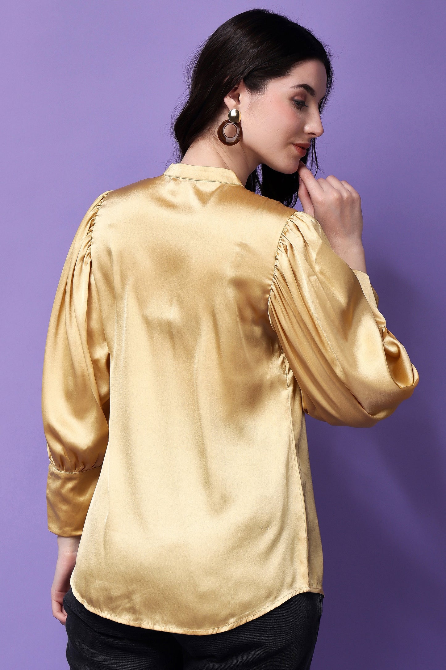 Golden Satin Symphony Pleated Sleeves Shirt