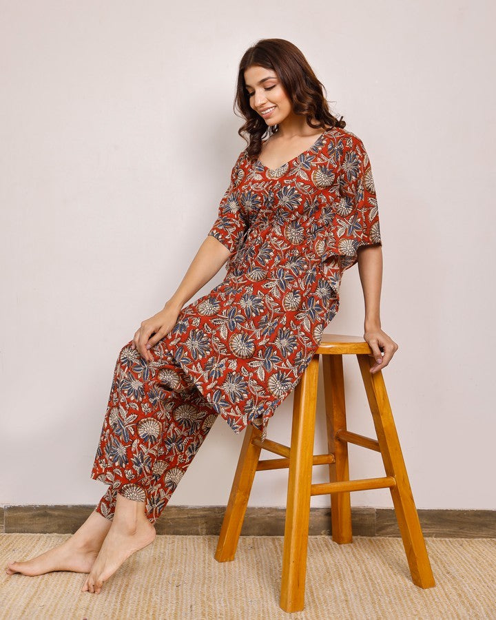 Red Artisanal Ethereal Elegance Block Print Kaftaan Set