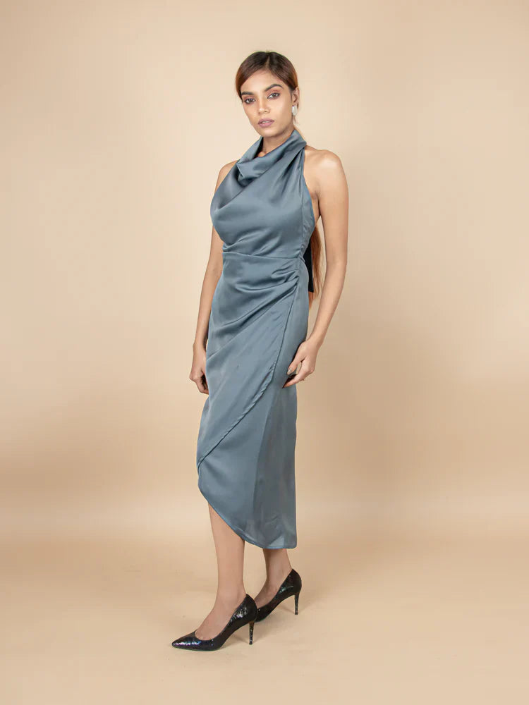Radiant Teal Blue Satin Halter Neck Bodycon Dress
