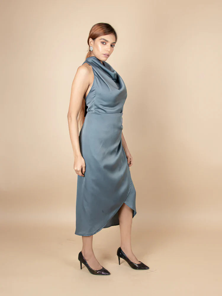 Radiant Teal Blue Satin Halter Neck Bodycon Dress