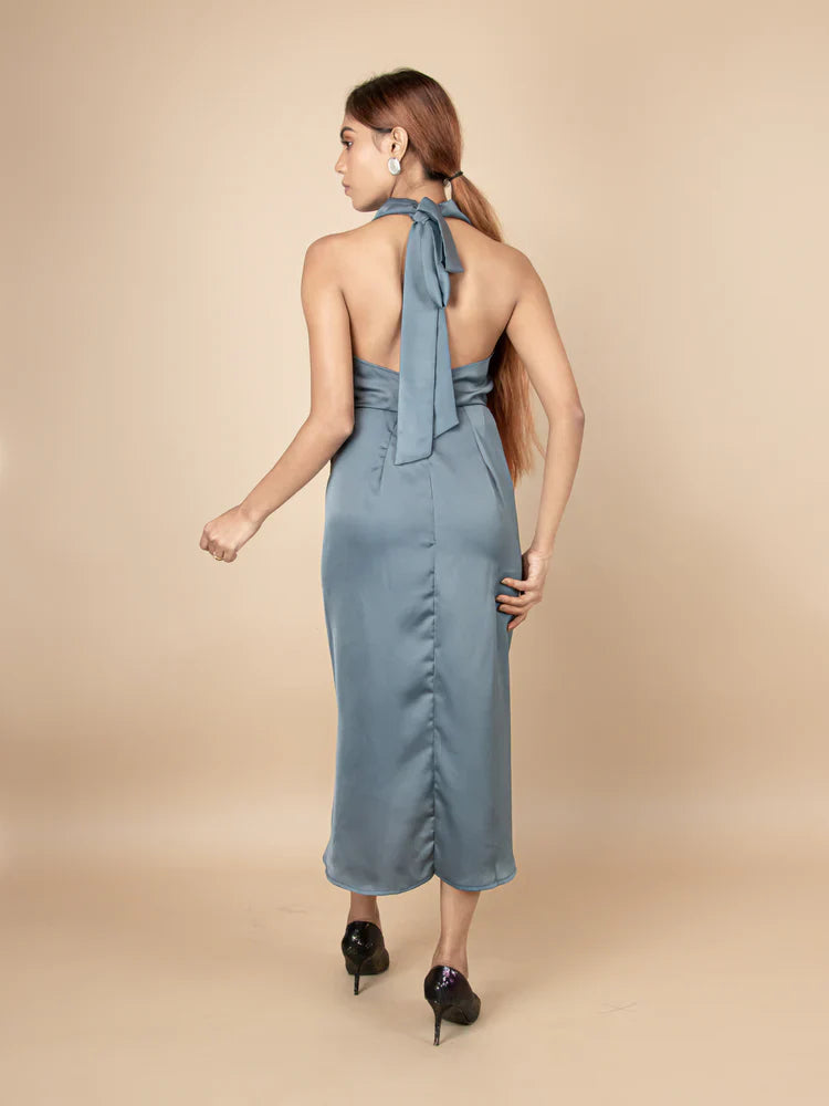 Radiant Teal Blue Satin Halter Neck Bodycon Dress