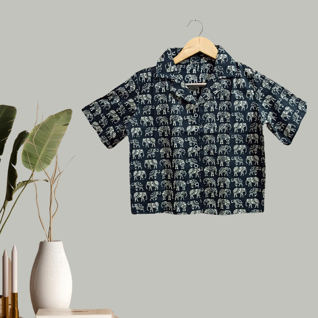 Black Elephant Print Jaipuri Shirt
