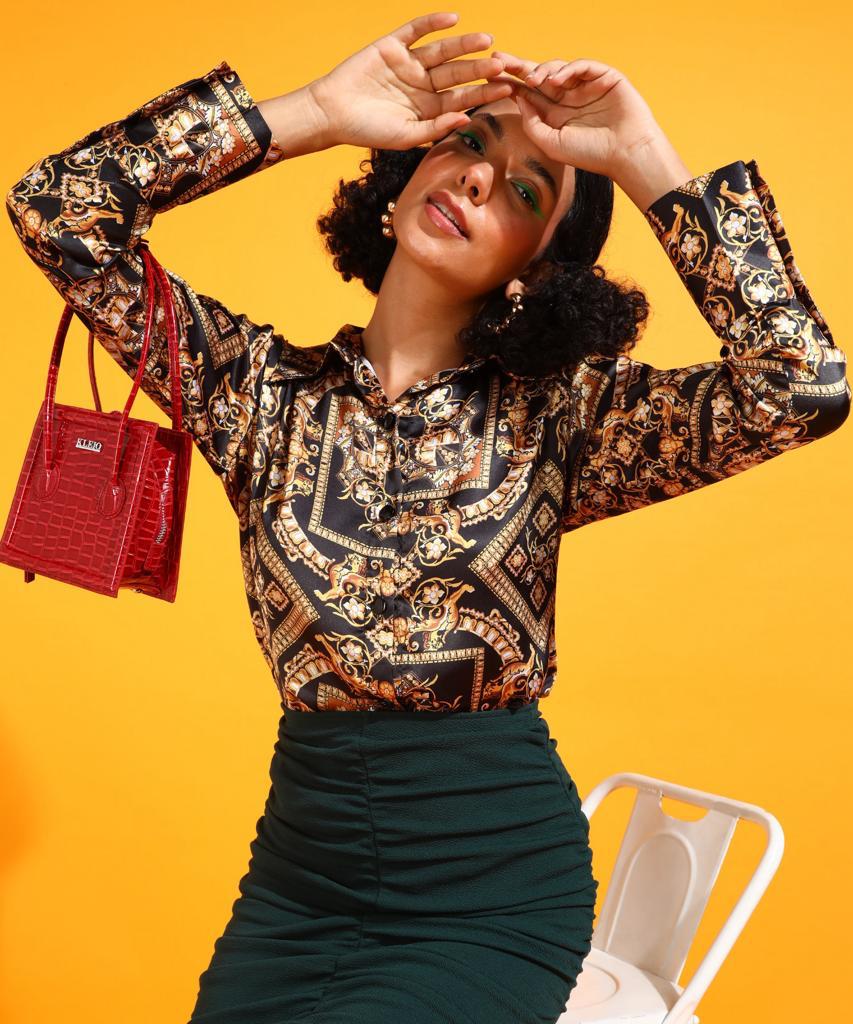 Baroque Print Satin Button Down Shirt