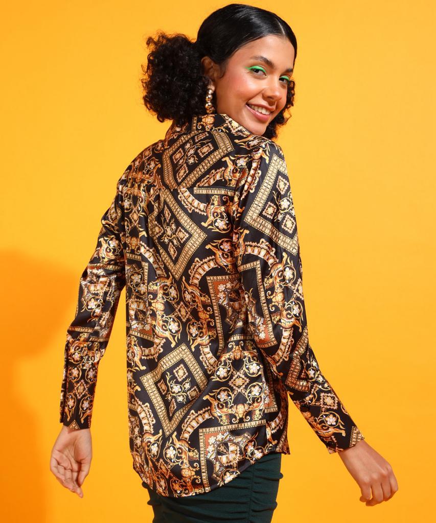 Baroque Print Satin Button Down Shirt