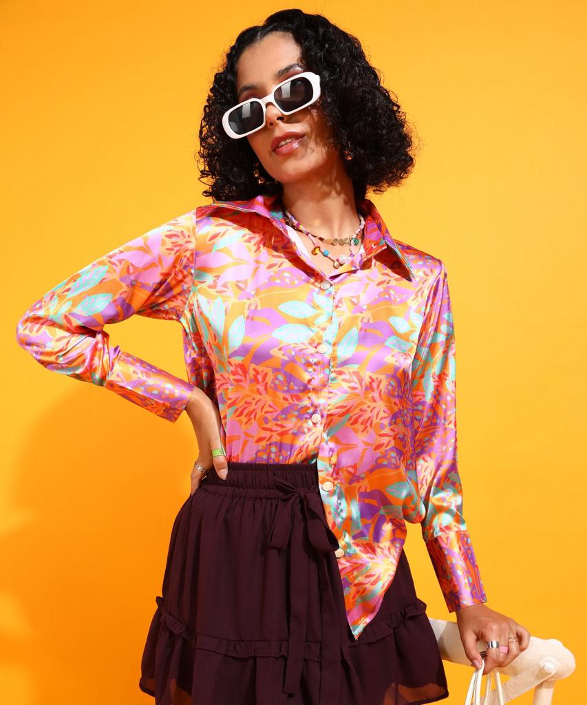 Multicolour Abstract Print Satin Button Down Shirt