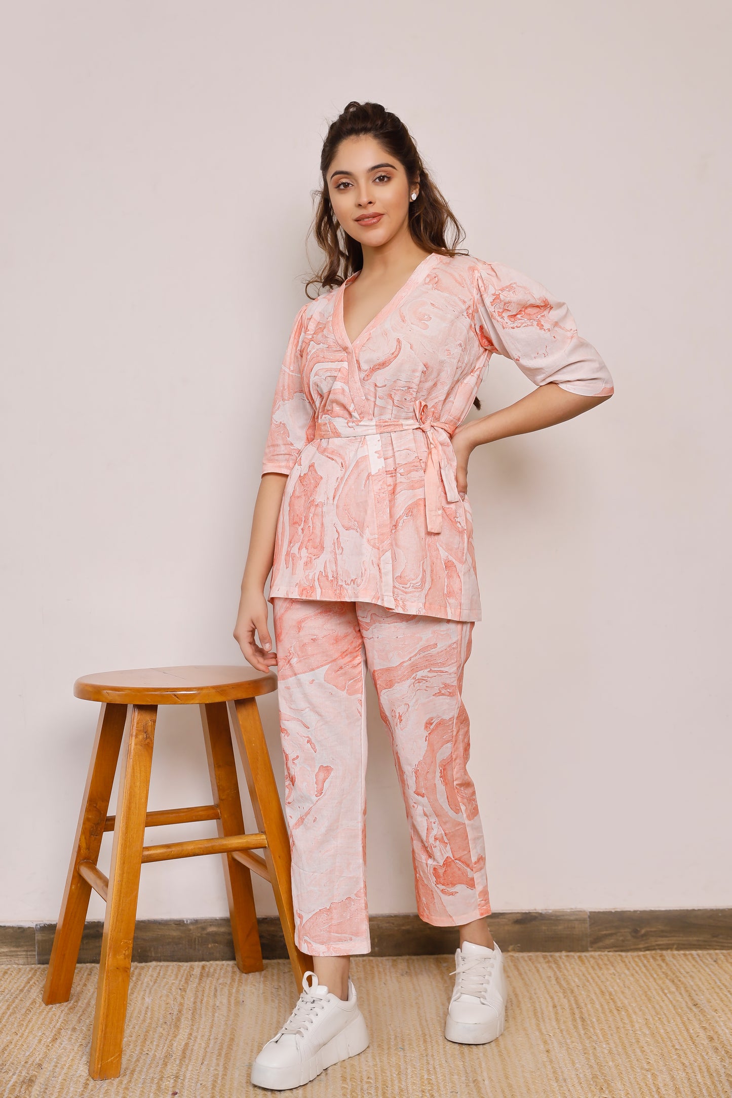 Orange Marble Print Peplum Top With Pants