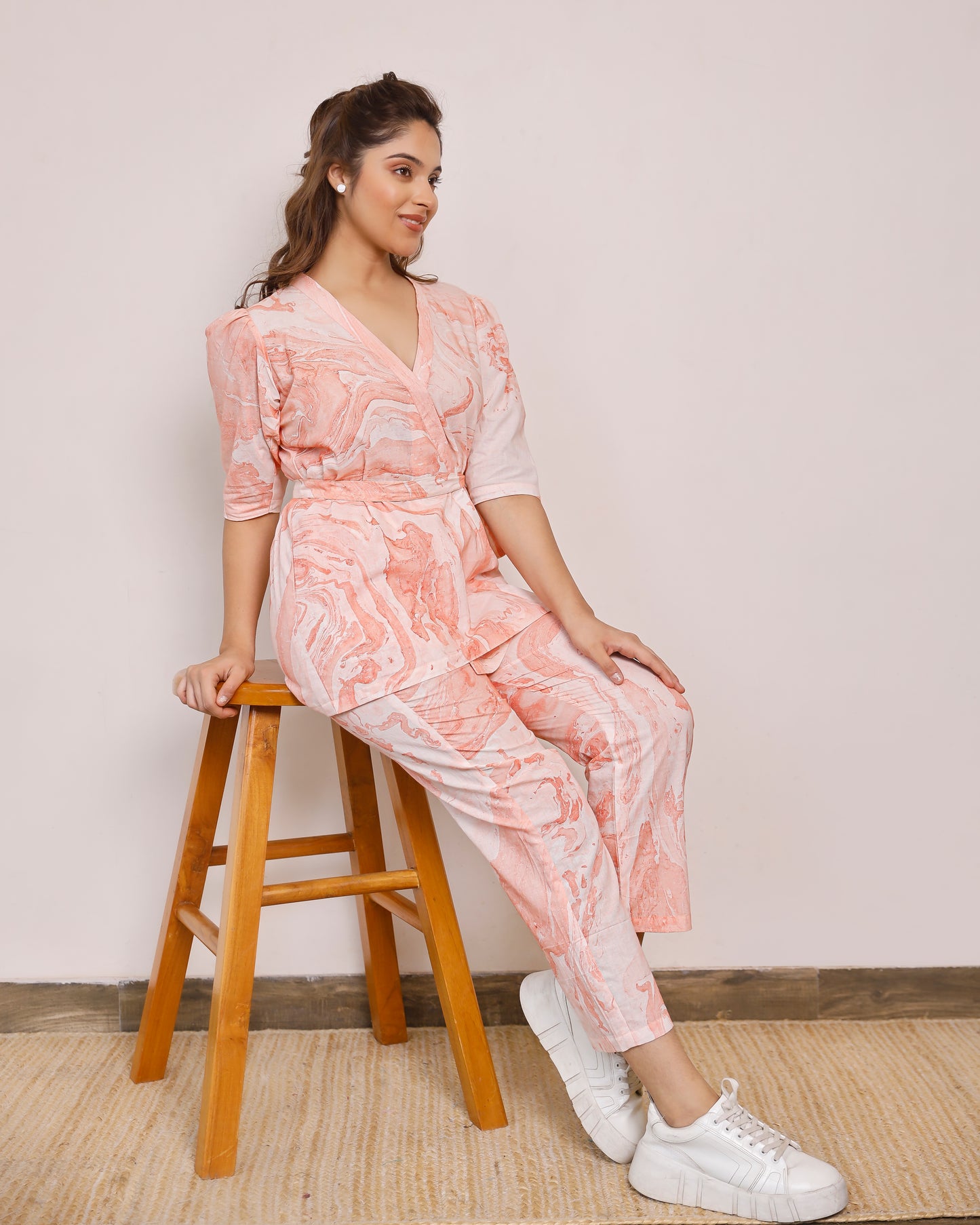 Orange Marble Print Peplum Top With Pants