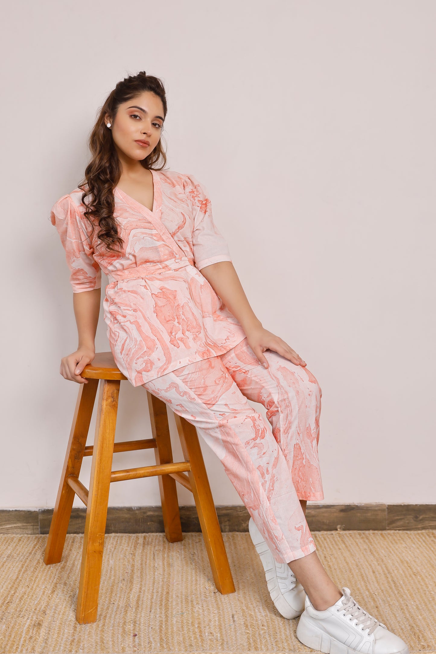Orange Marble Print Peplum Top With Pants