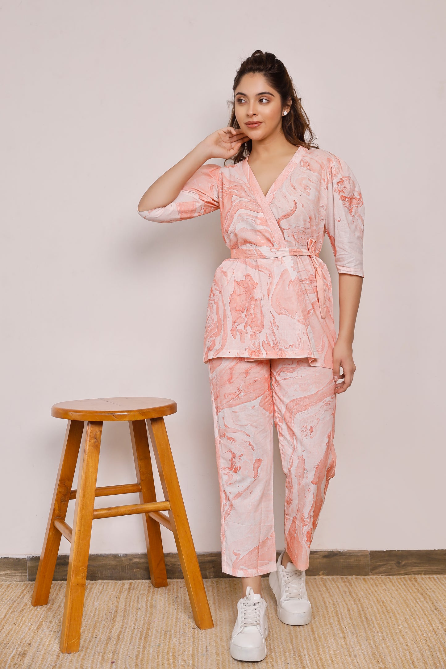 Orange Marble Print Peplum Top With Pants