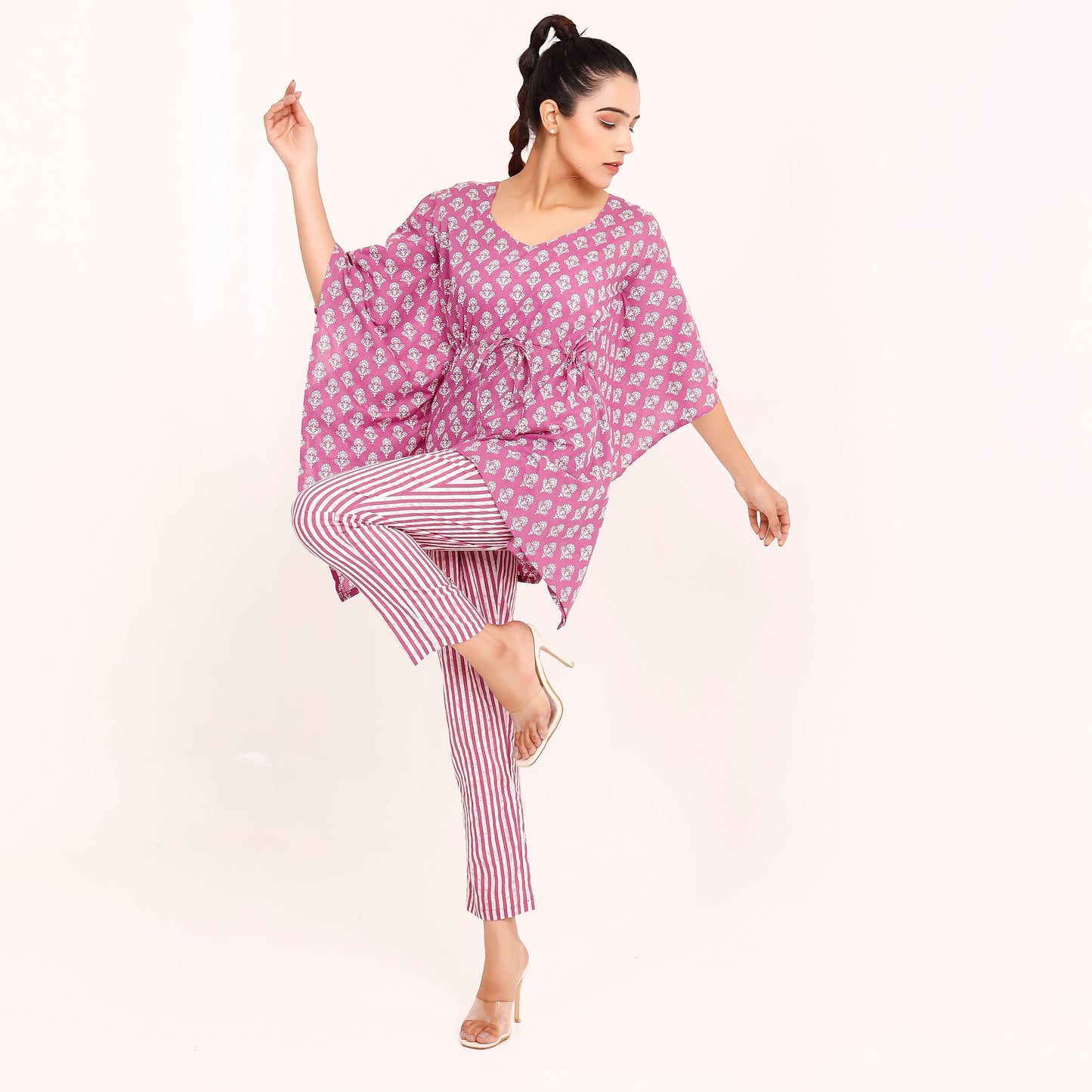 Purple Artisanal Ethereal Elegance Block Printed Kaftaan Set