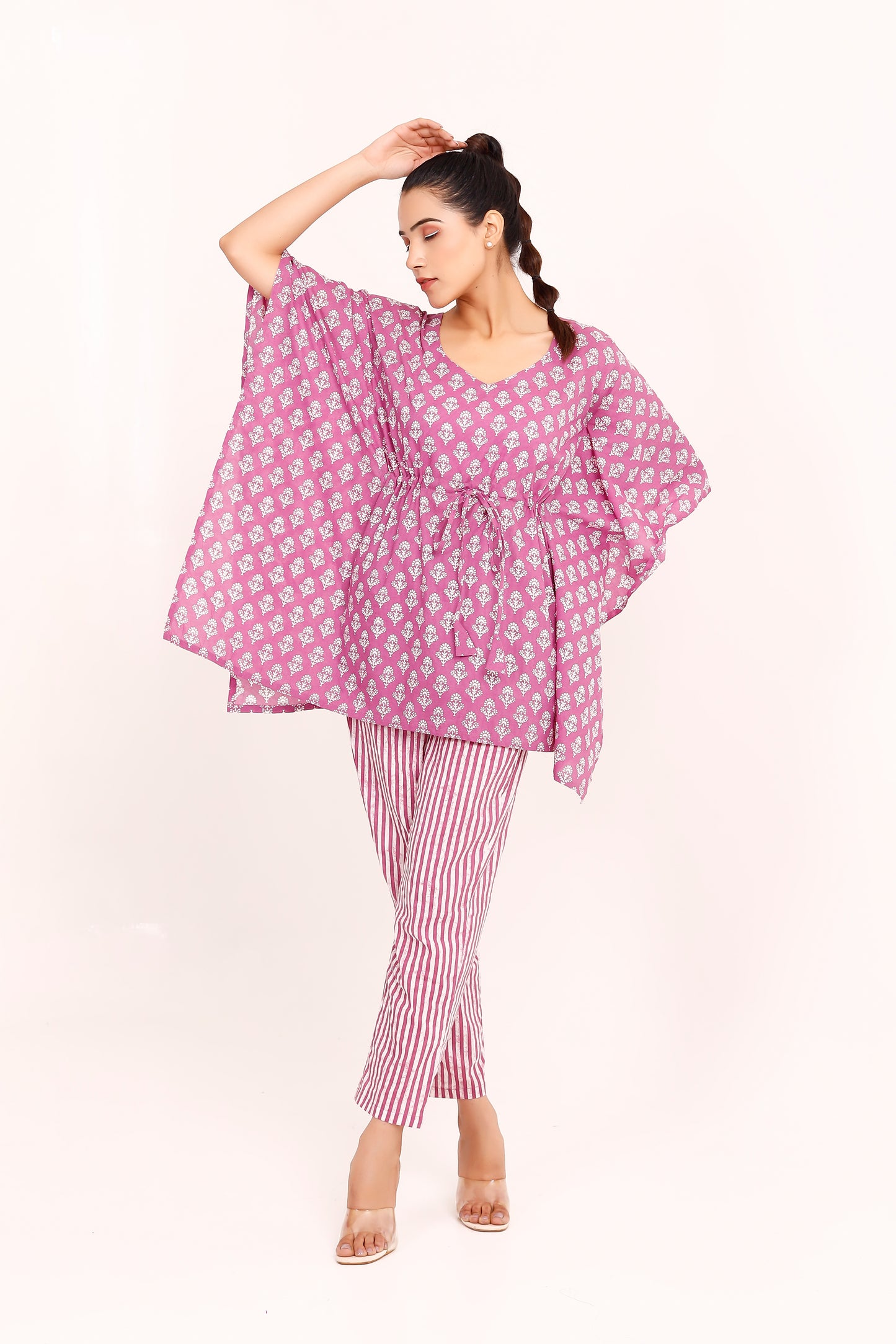 Purple Artisanal Ethereal Elegance Block Printed Kaftaan Set