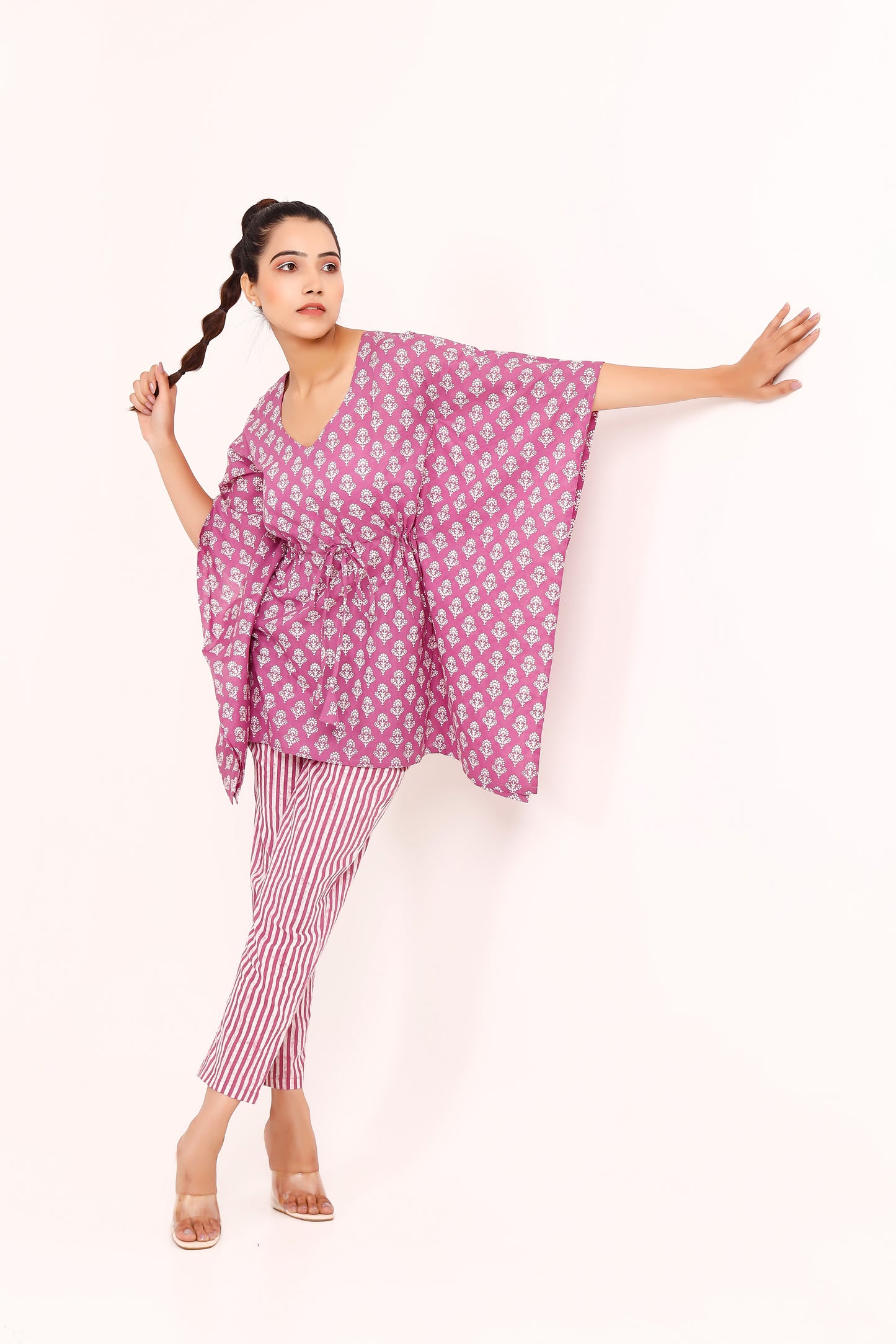 Purple Artisanal Ethereal Elegance Block Printed Kaftaan Set