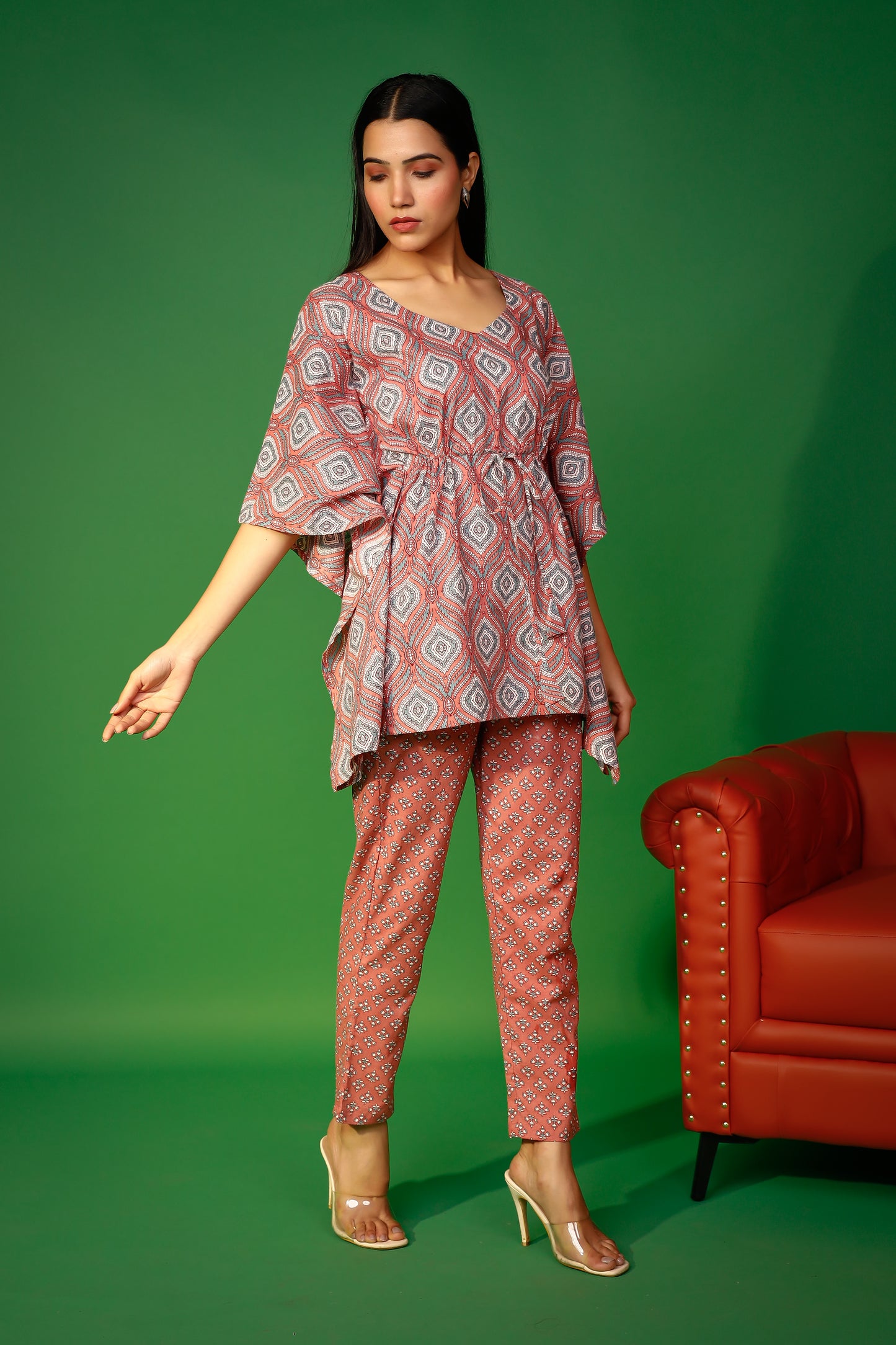 Brown Artisanal Ethereal Elegance Block Print Kaftaan Set