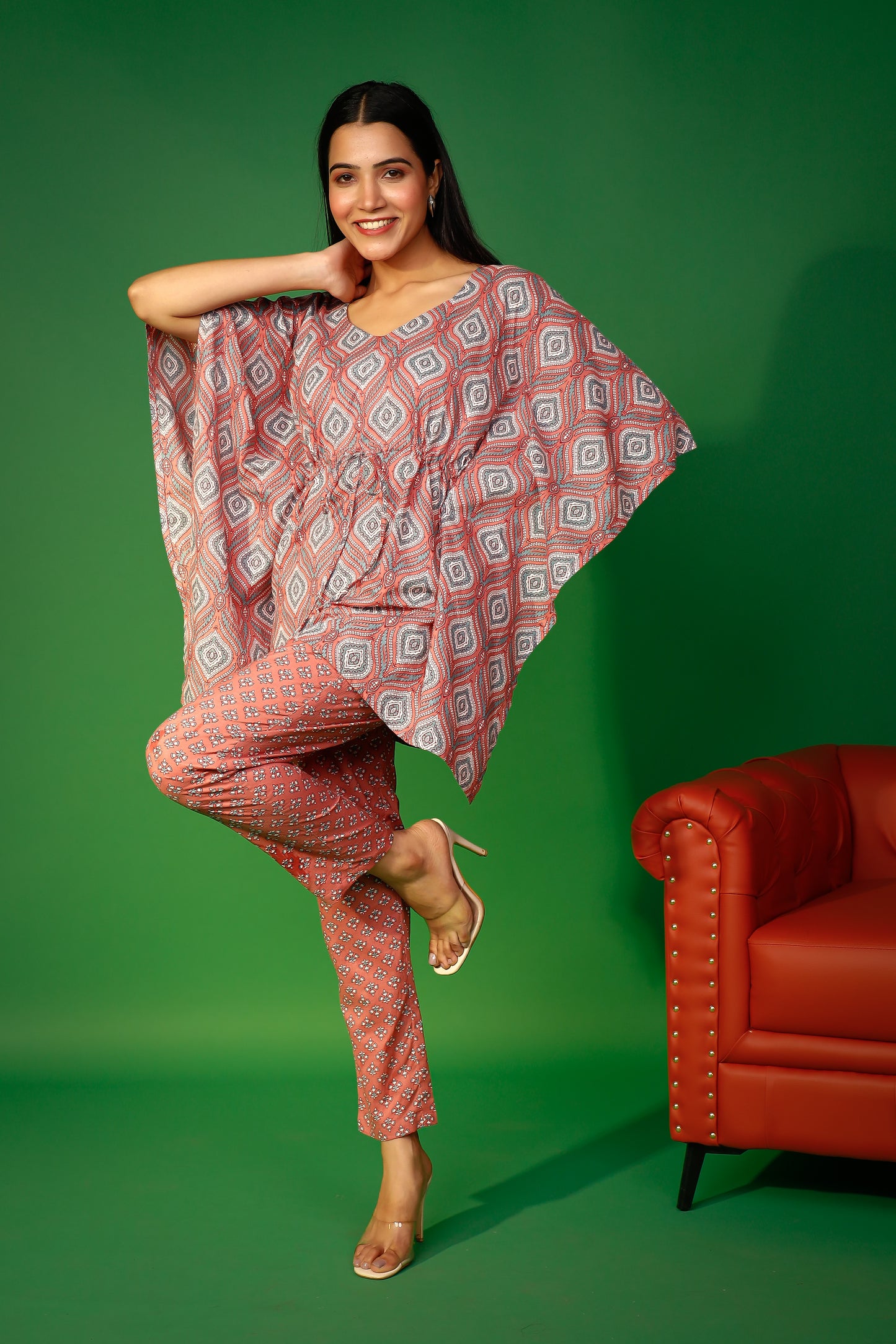 Brown Artisanal Ethereal Elegance Block Print Kaftaan Set