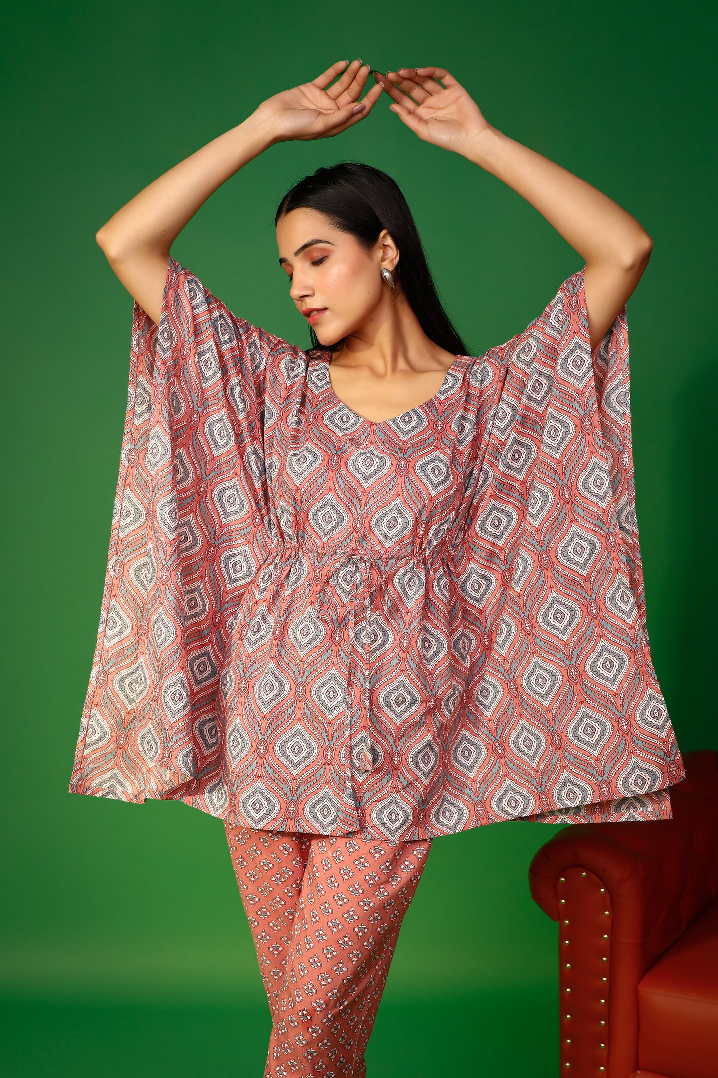 Brown Artisanal Ethereal Elegance Block Print Kaftaan Set