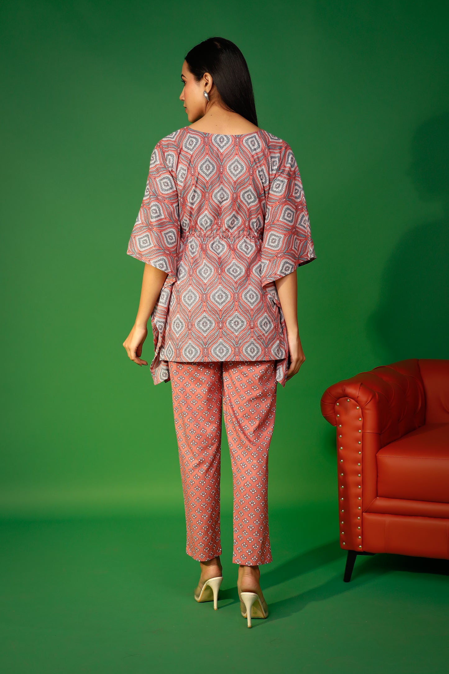 Brown Artisanal Ethereal Elegance Block Print Kaftaan Set