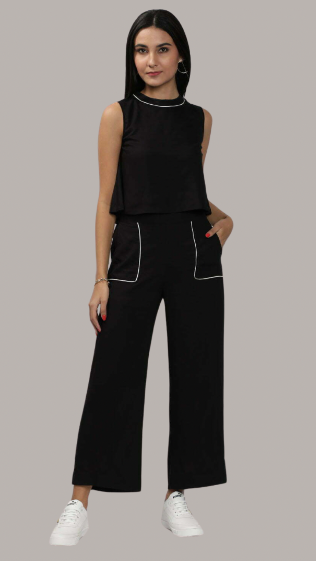 Black Stylish Patch Pocket Pant Set