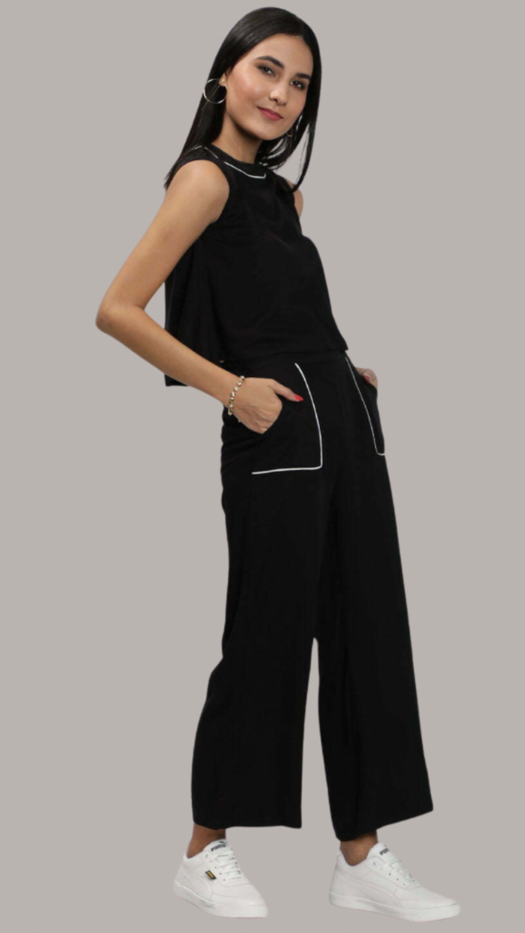 Black Stylish Patch Pocket Pant Set