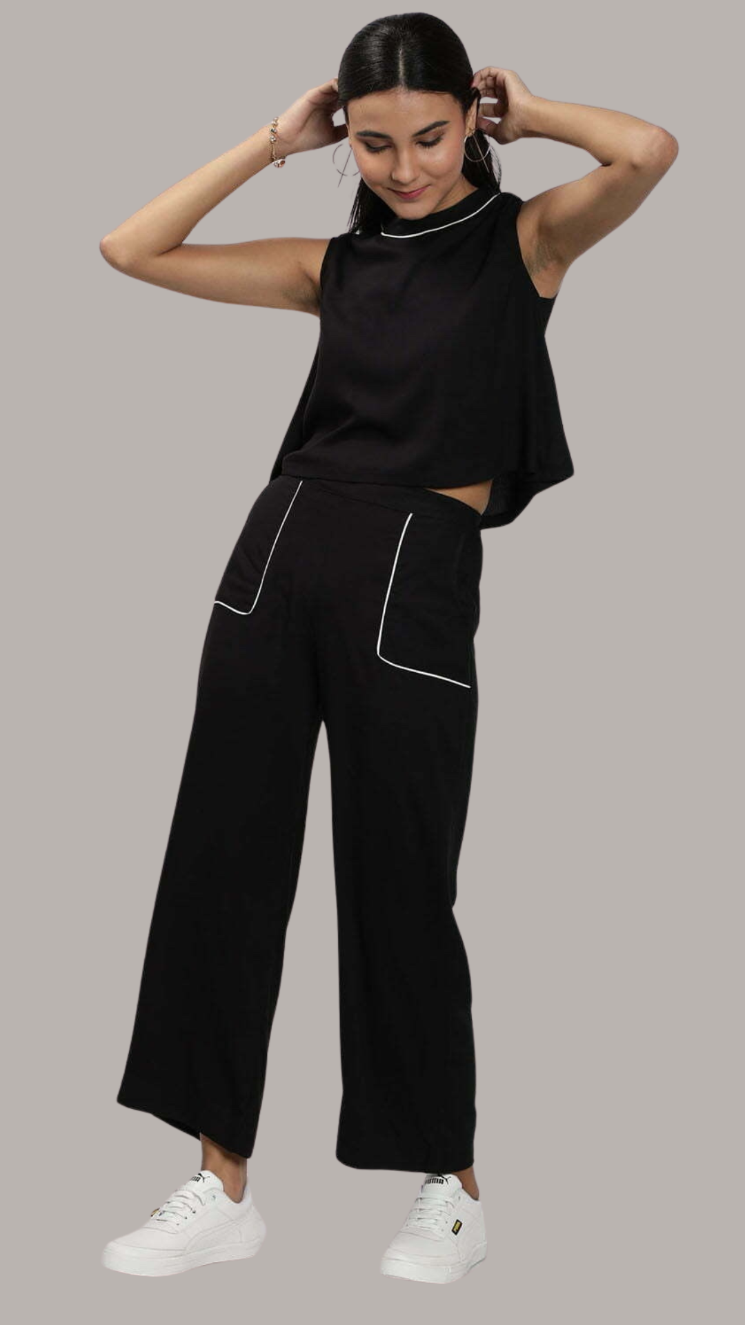 Black Stylish Patch Pocket Pant Set