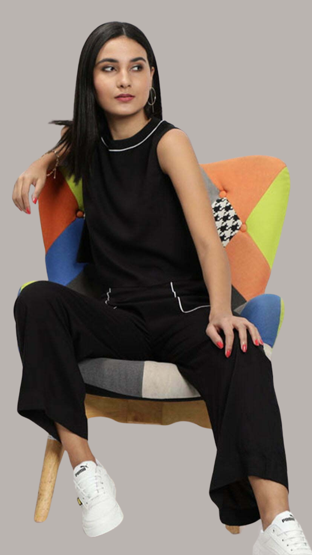 Black Stylish Patch Pocket Pant Set