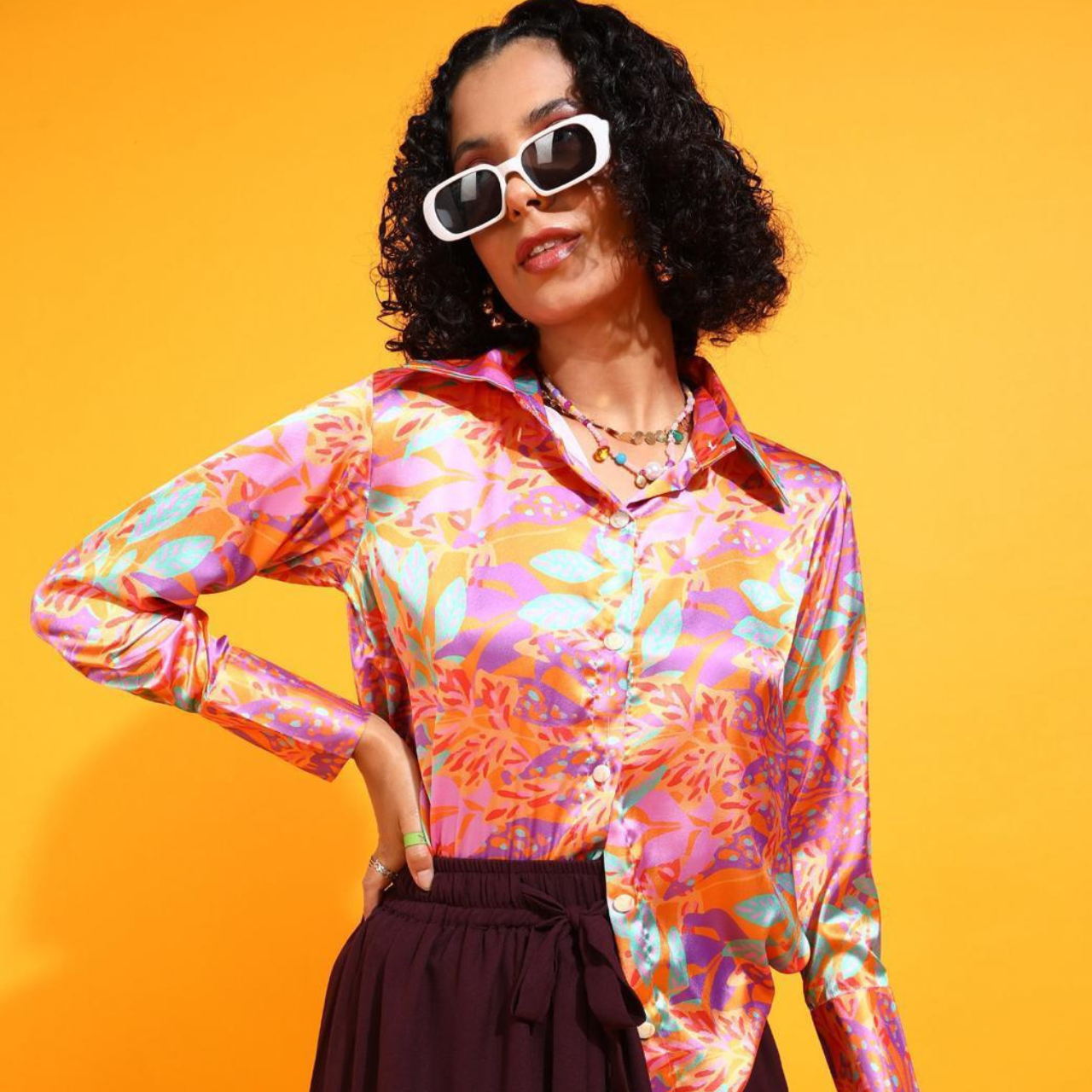 Multicolour Abstract Print Satin Button Down Shirt