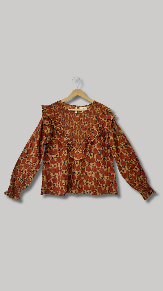 Brown Block Frill Top With Smocking Detail