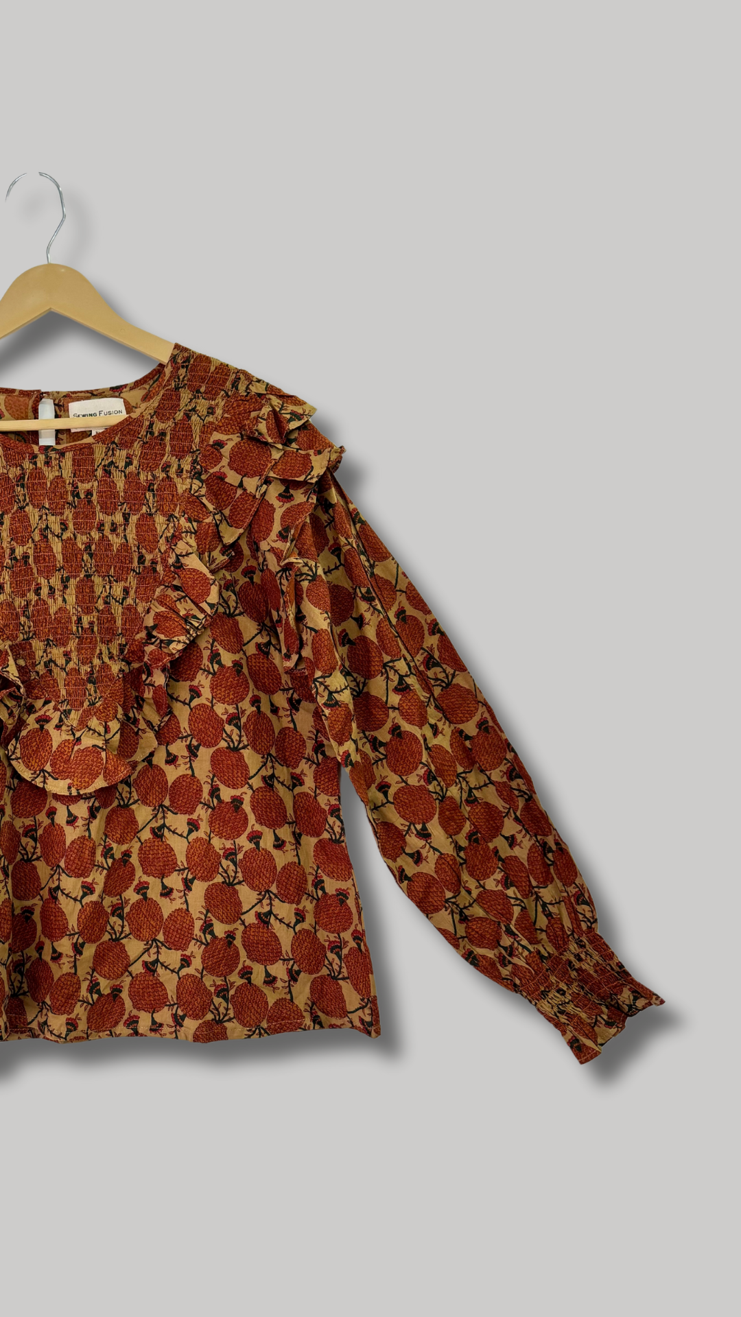 Brown Block Frill Top With Smocking Detail