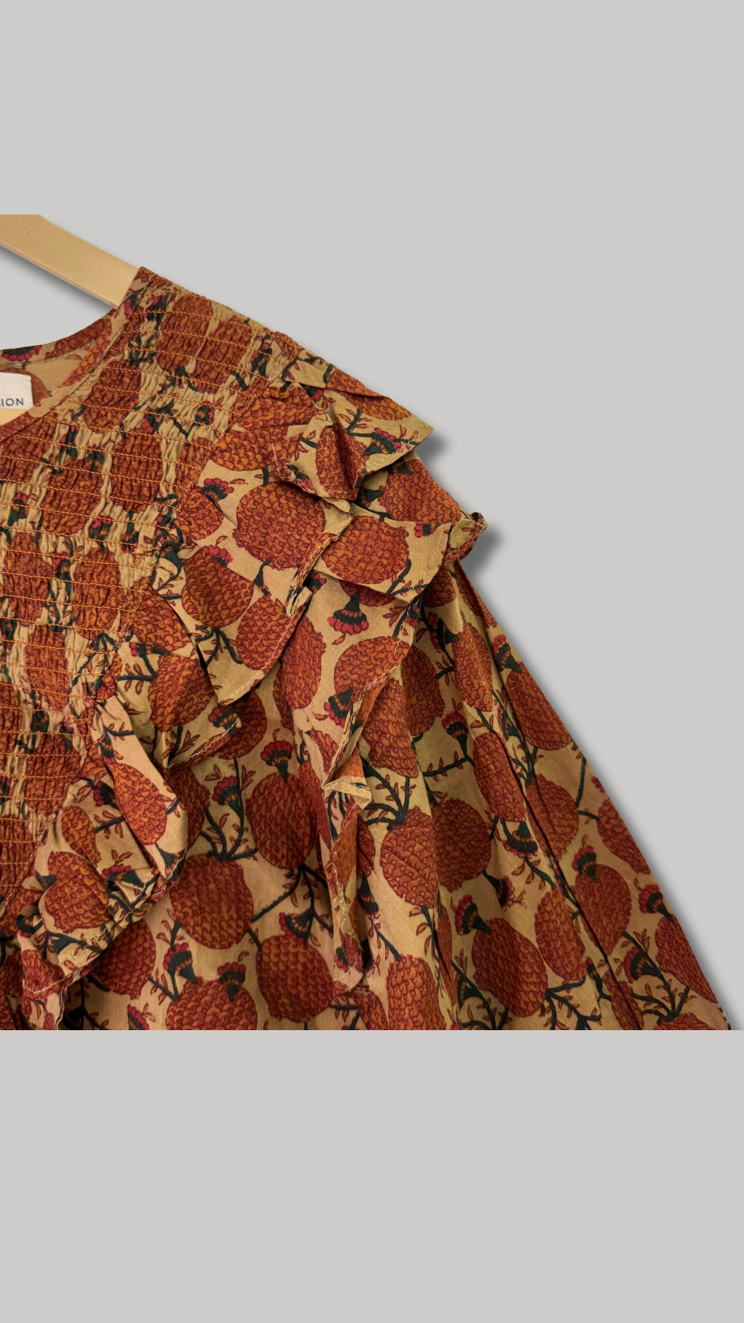 Brown Block Frill Top With Smocking Detail