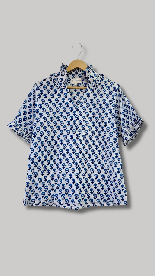 White Block Printed Top With Frilled Sleeves