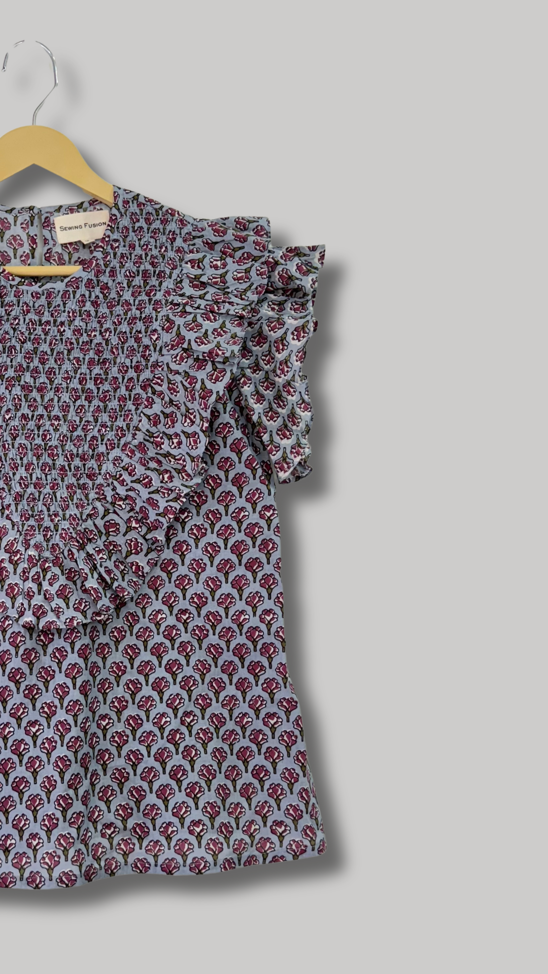 Multicolour Block Printed Frill Top With Smocking Detail