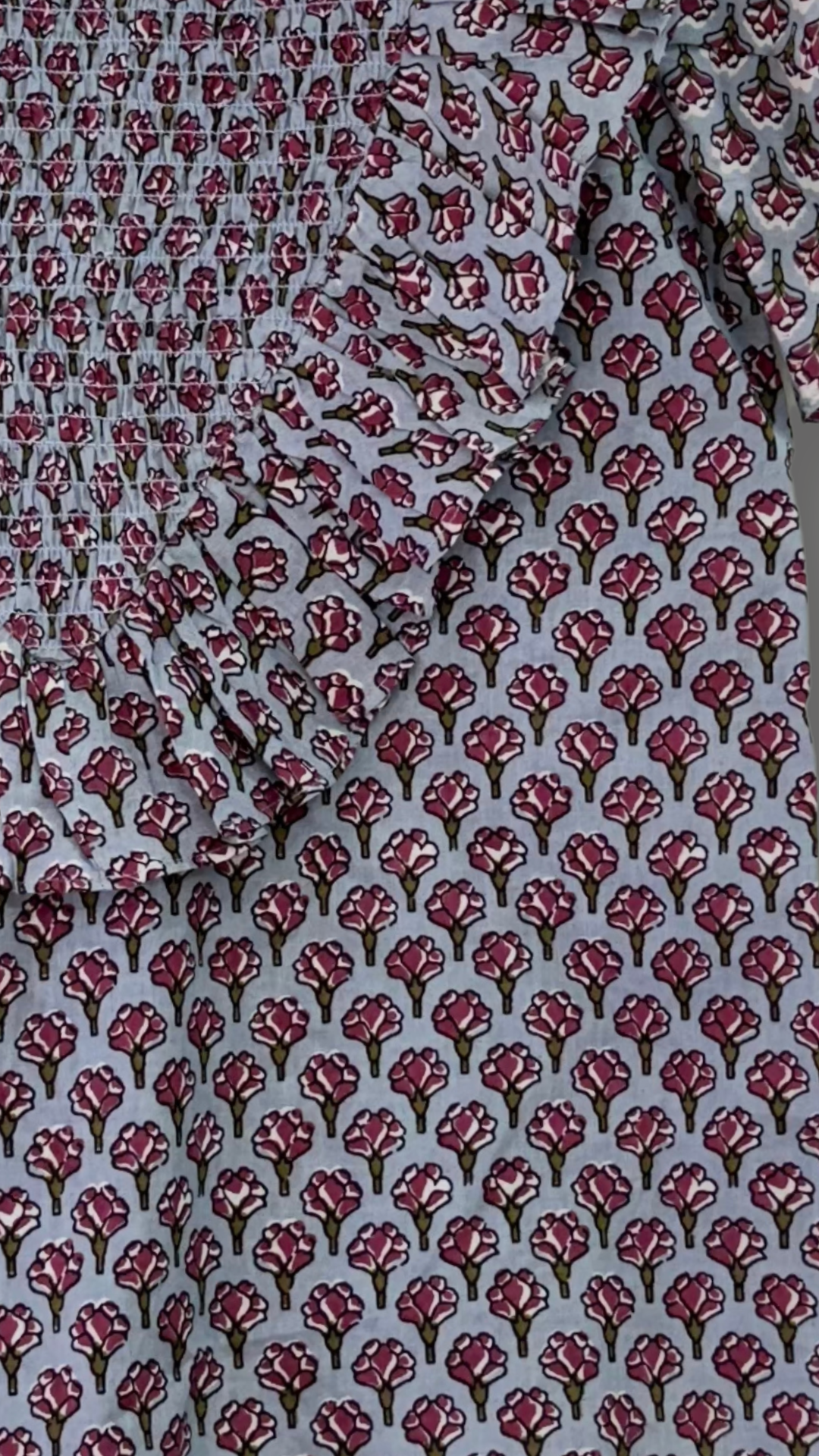 Multicolour Block Printed Frill Top With Smocking Detail