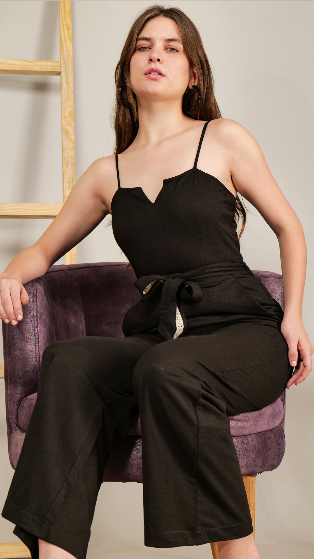 Elegant Black Spaghetti Neck Jumpsuit With Belt